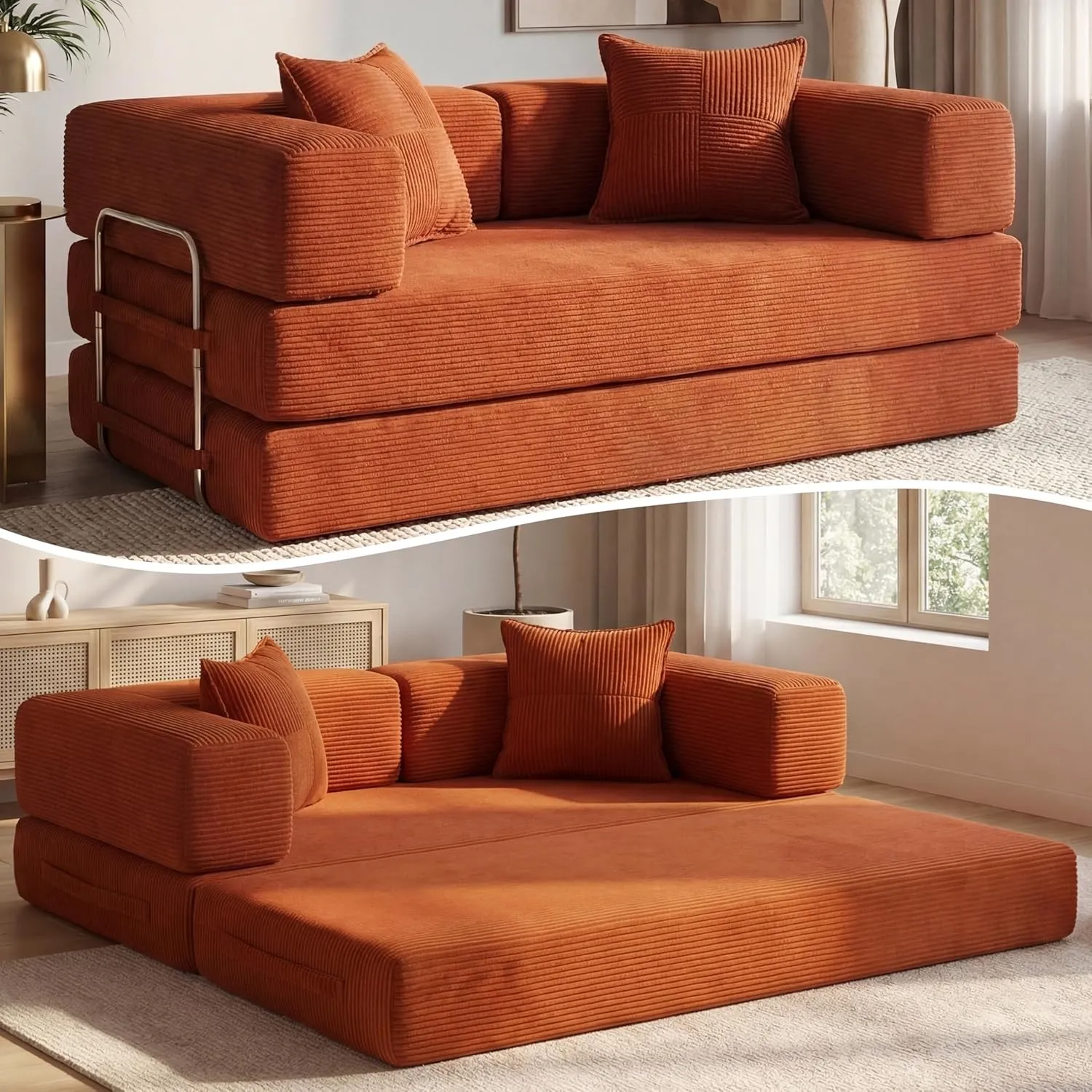 Vipbear Cordstoff Schlafsofa 200×100×70cm, 5-in-1 Umwandelbares Bodensofa aus Kord, Hochdichter Schaumstoff, Haustierfr…