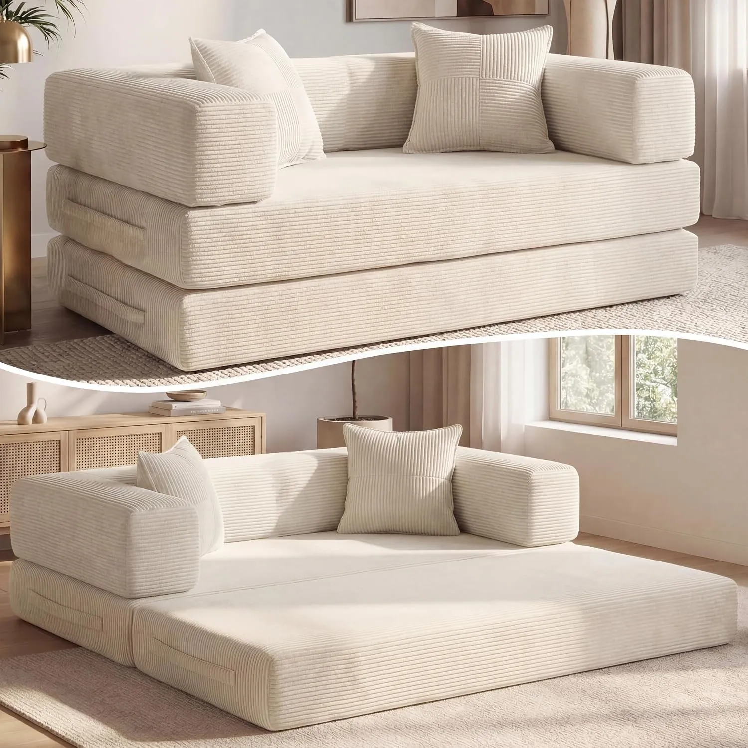 Vipbear Cordstoff Schlafsofa 200×100×70cm, 5-in-1 Umwandelbares Bodensofa aus Kord, Hochdichter Schaumstoff, Haustierfr…