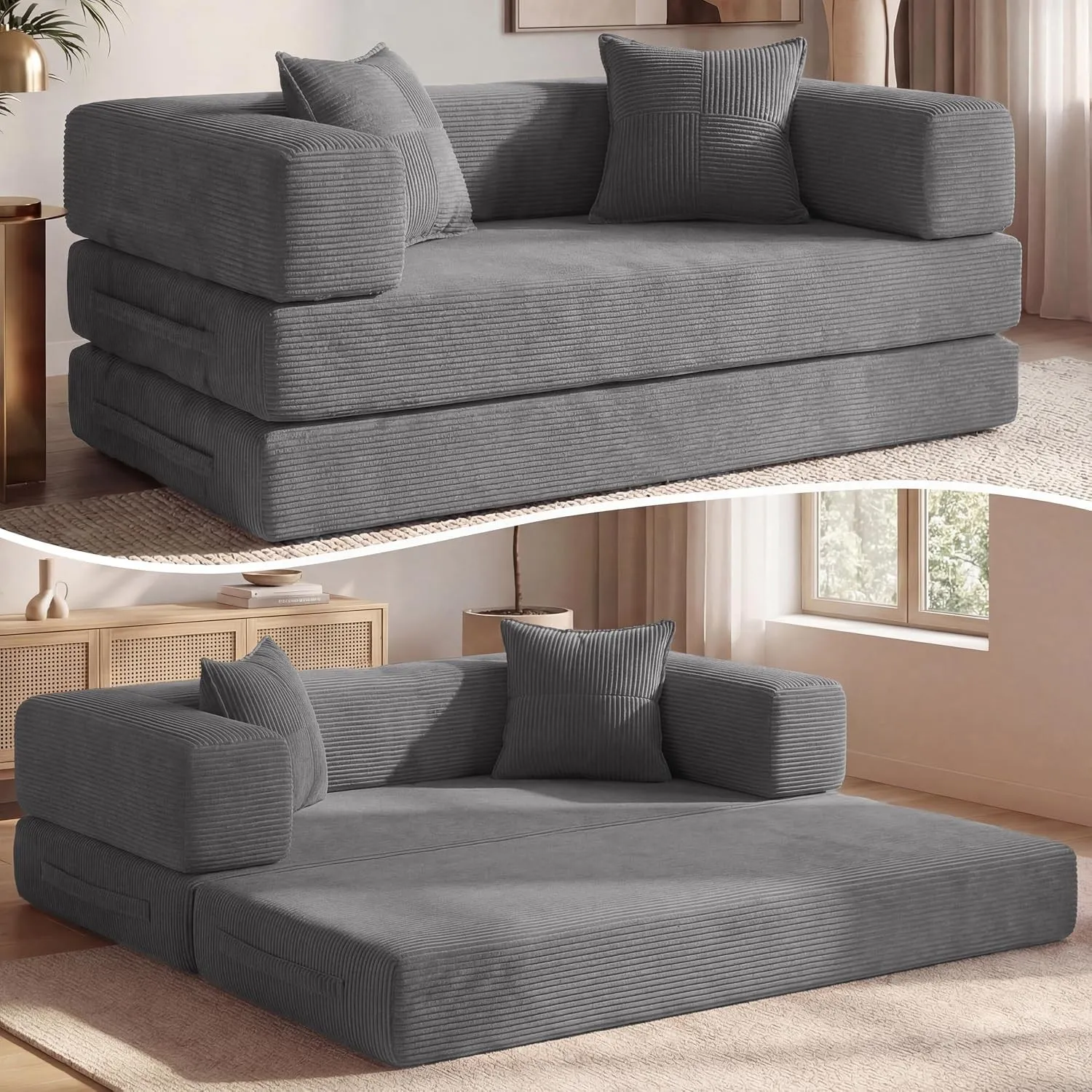 Vipbear Cordstoff Schlafsofa 200×100×70cm, 5-in-1 Umwandelbares Bodensofa aus Kord, Hochdichter Schaumstoff, Haustierfr…