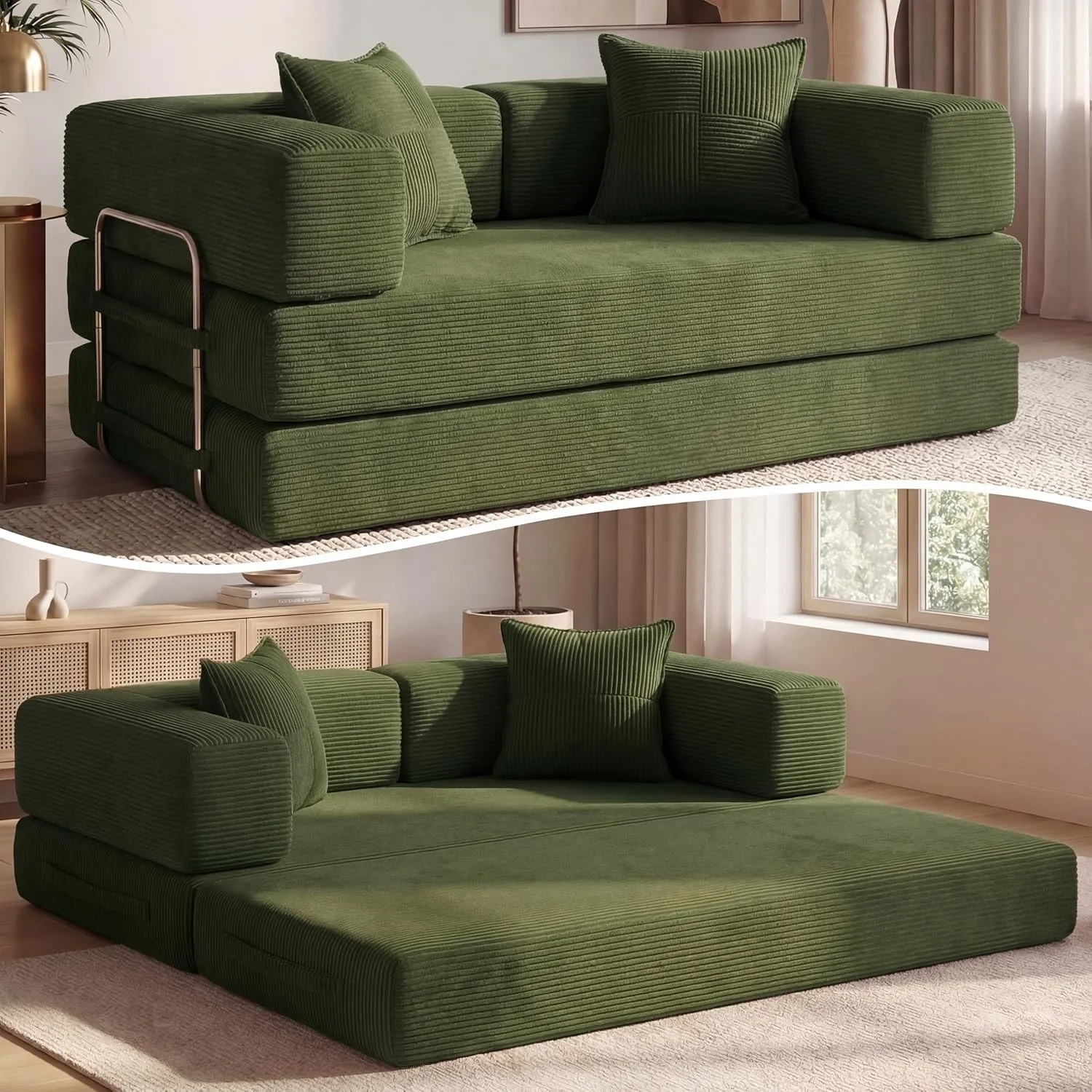 Vipbear Cordstoff Schlafsofa 200×100×70cm, 5-in-1 Umwandelbares Bodensofa aus Kord, Hochdichter Schaumstoff, Haustierfr…