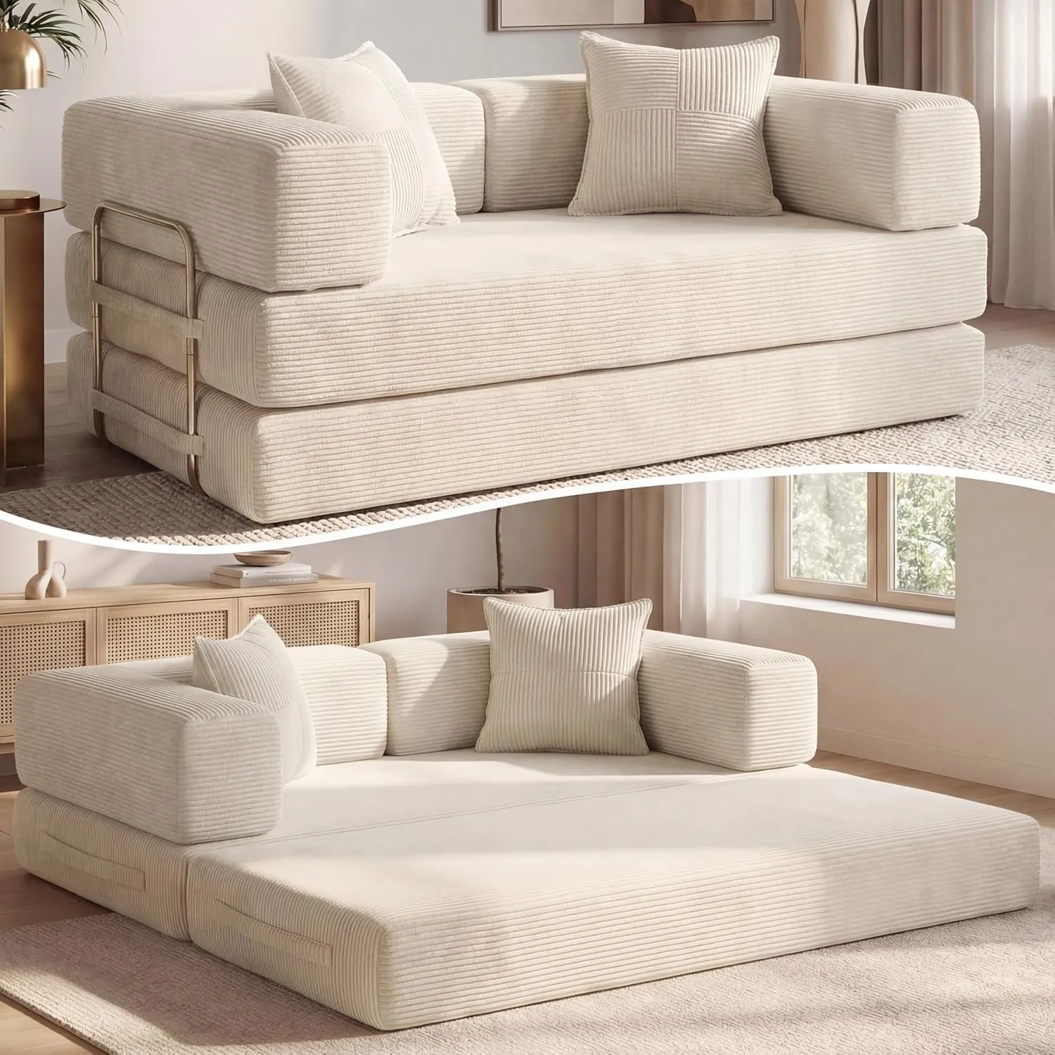 Vipbear Cordstoff Schlafsofa 160×90×70cm, 5-in-1 Umwandelbares Bodensofa aus Kord, Hochdichter Schaumstoff, Haustierfre…