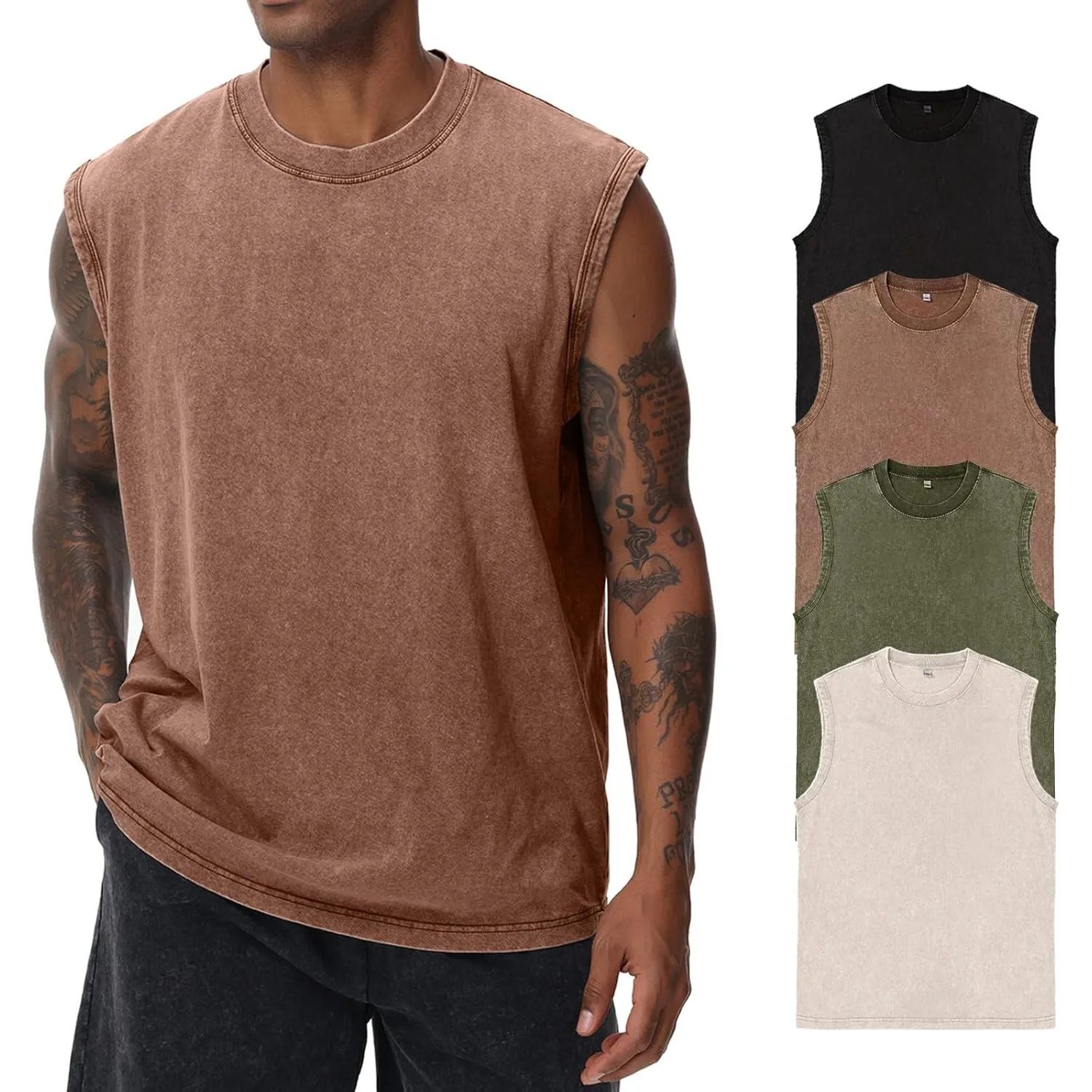Herren Kurzarm Sommer Ärmelloses Shirt, Männer Fitness ärmellos Weste, Washed Sleeveless t-Shirt, Workout, Fitnessstudi…