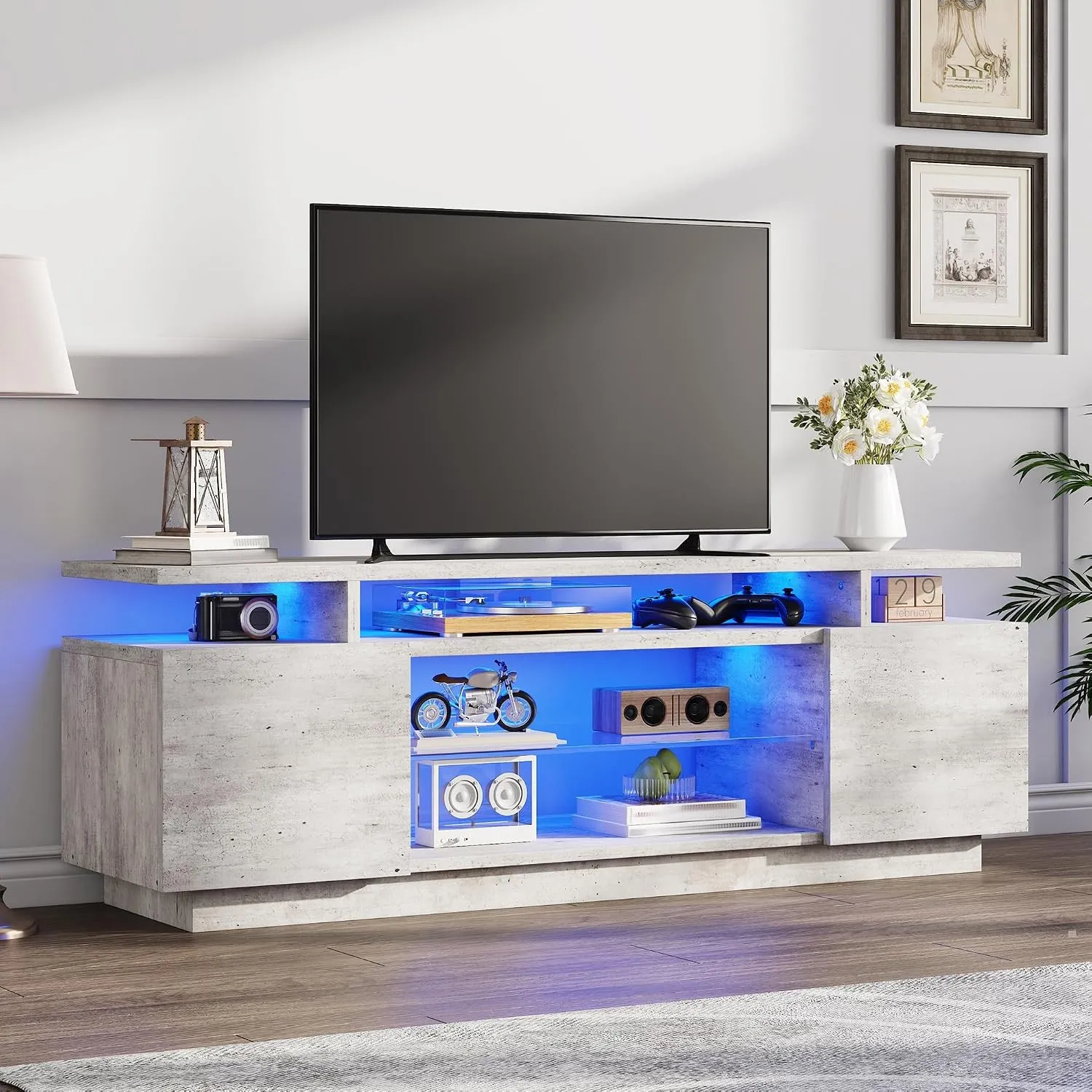 LUXOAK TV-Schrank mit LED, Hochglanz, für 75 Zoll TV, 2 Türen, Grau | RGB LED mit App-Steuerung, Verstellbare Glasablag…