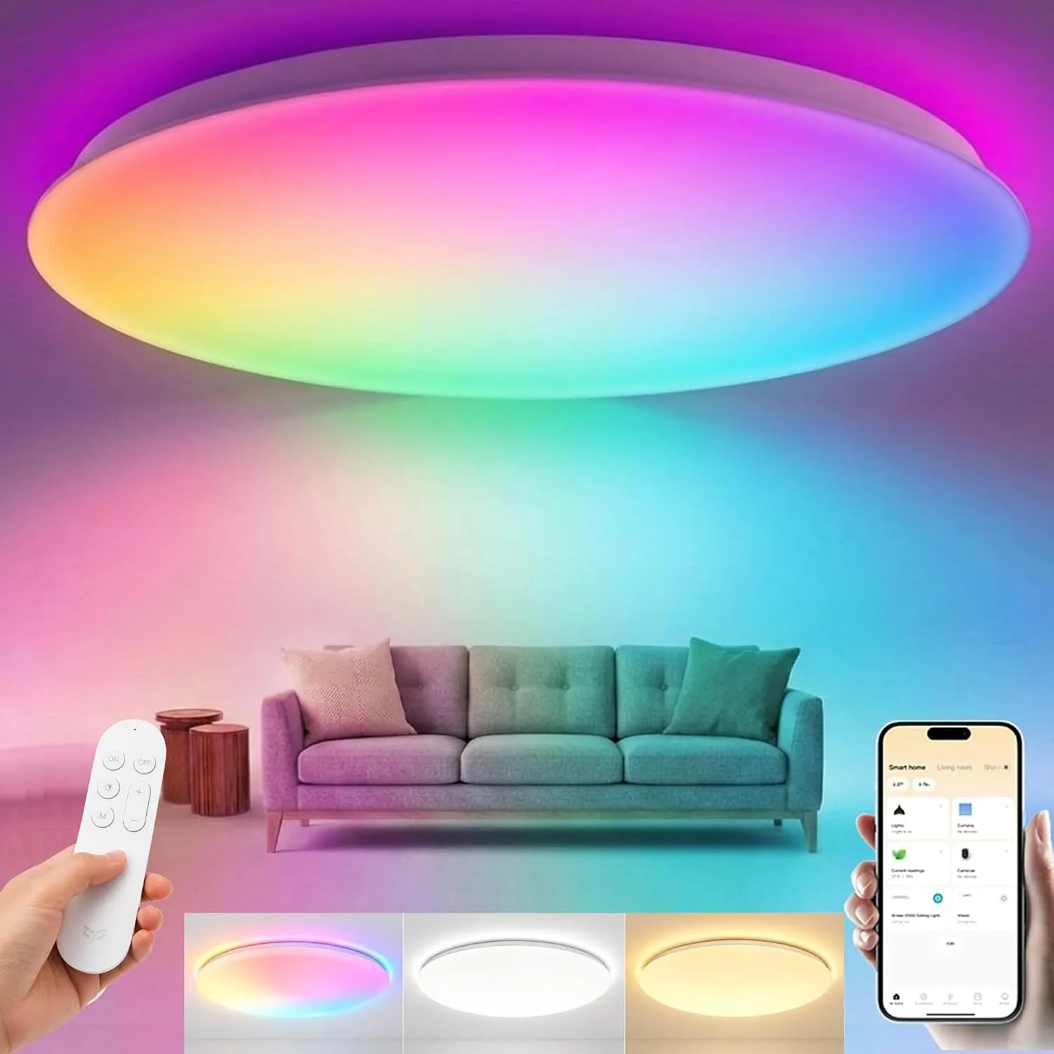 Yeelight Smart Deckenlampe 60cm, 4800LM 50W Dimmbar LED Deckenleuchte mit separatem RGB-Licht, Schnellmontage, 16M DIY …