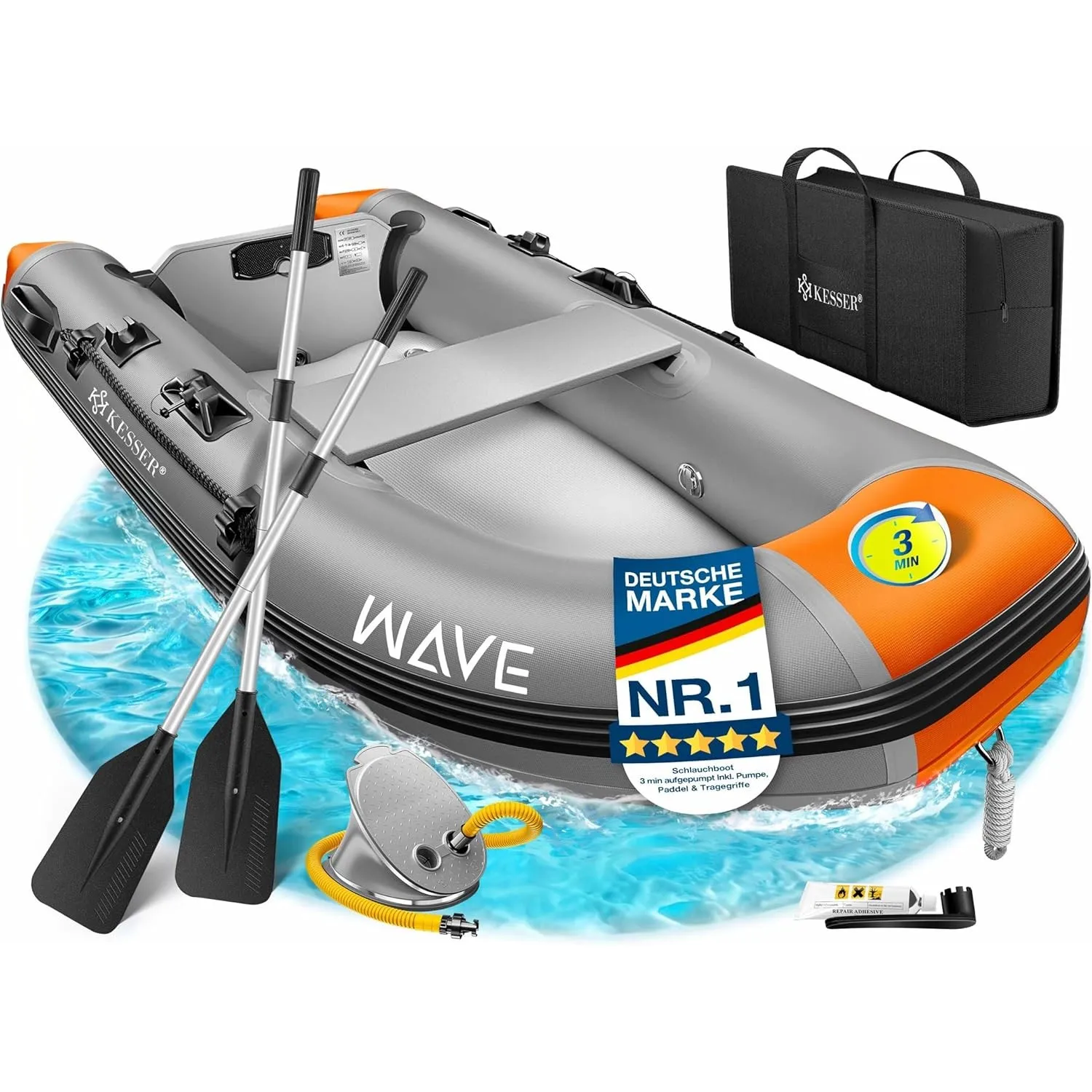 KESSER® Schlauchboot Wave 230-320 cm Set 6-teilig aufblasbar – Boot + Bank, Luftpumpe, Paddel, Reparaturset, Tasche, An…