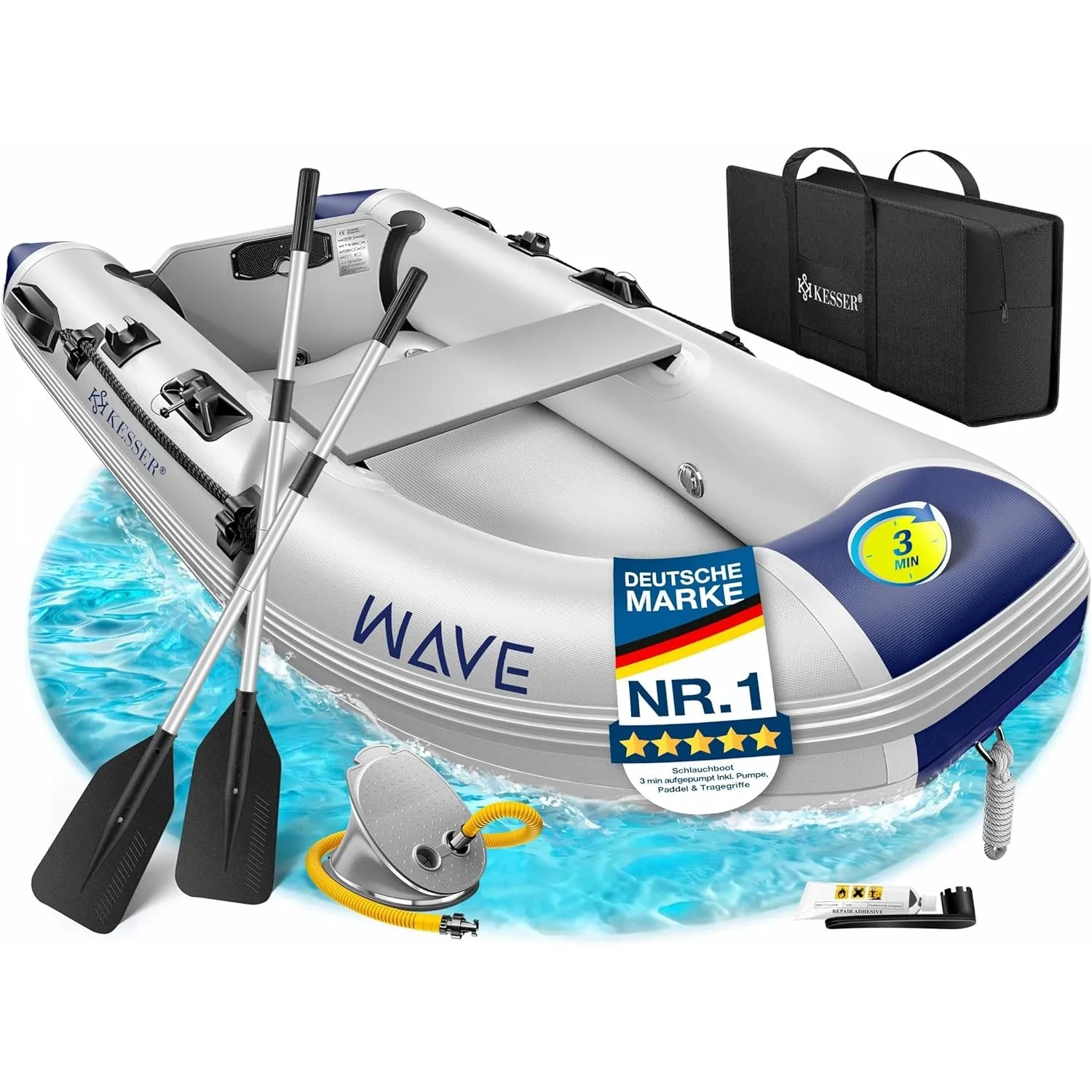 KESSER® Schlauchboot Wave 230-380 cm Set 6-teilig aufblasbar – Boot + Bank, Luftpumpe, Paddel, Reparaturset, Tasche, An…