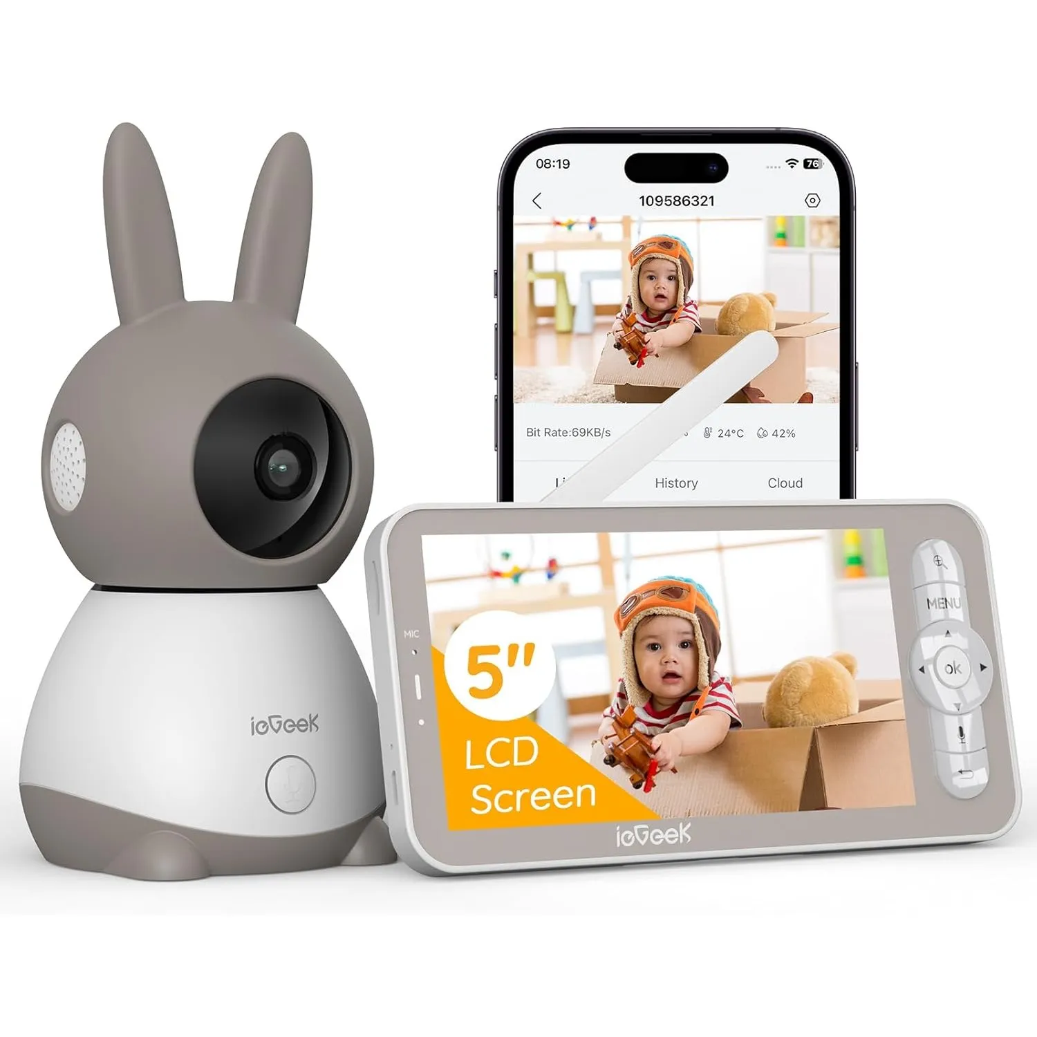 ieGeek Babyphone 2K 5" WLAN PTZ 360° Nachtsicht, App, Bewegungserkennung