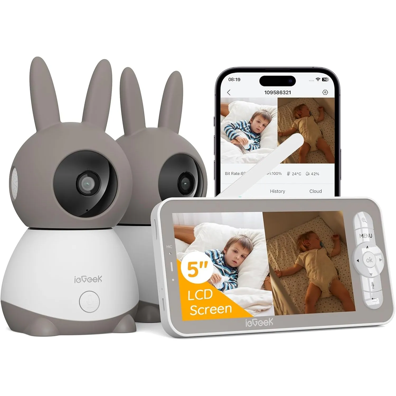 ieGeek Babyphone 2 Kameras 2K 5" WLAN, Nachtsicht & automatische Verfolgung