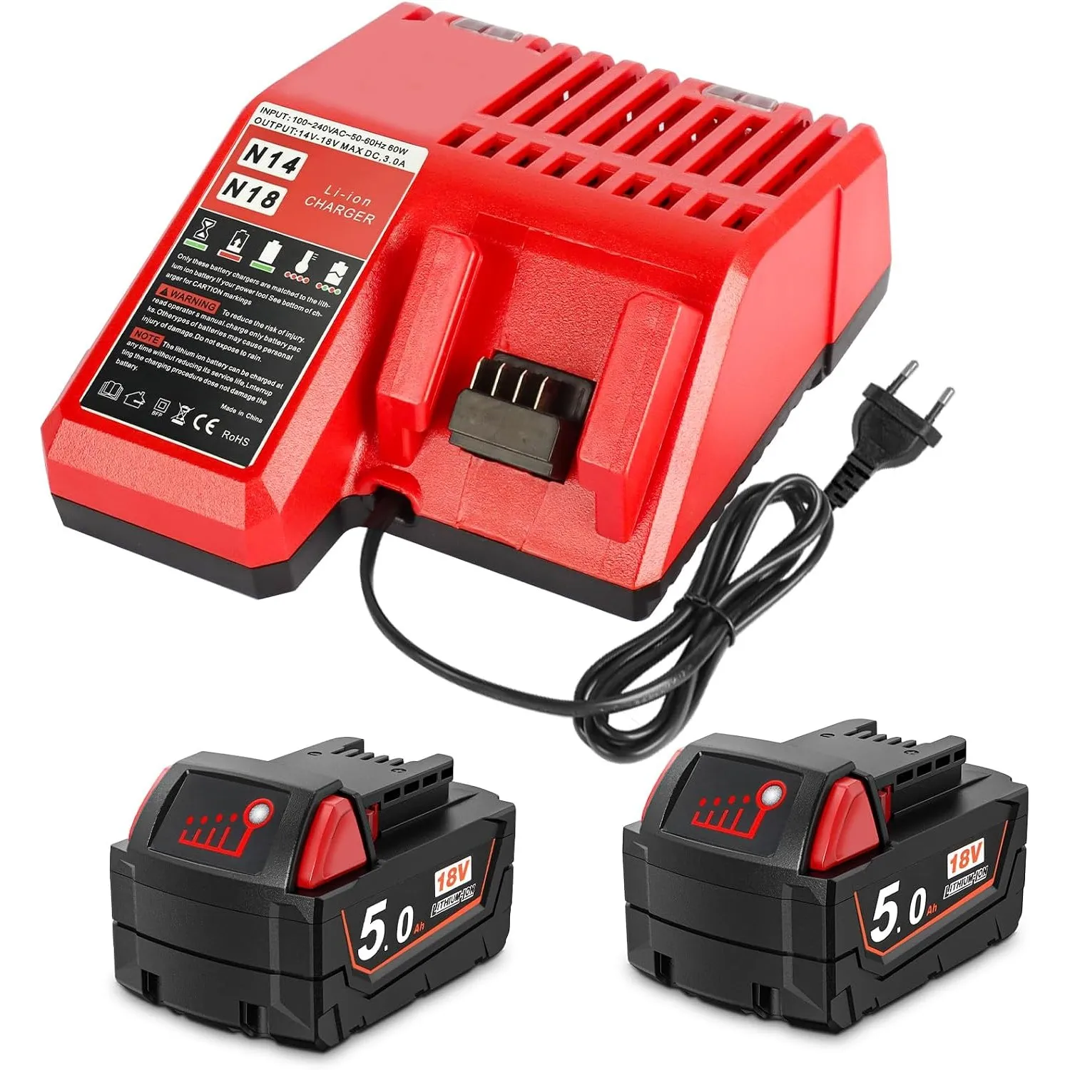 Powarobor 2X M18B5 18V 5.0Ah Akku Ladegerät Set Kompatibel Mit Milwaukee
