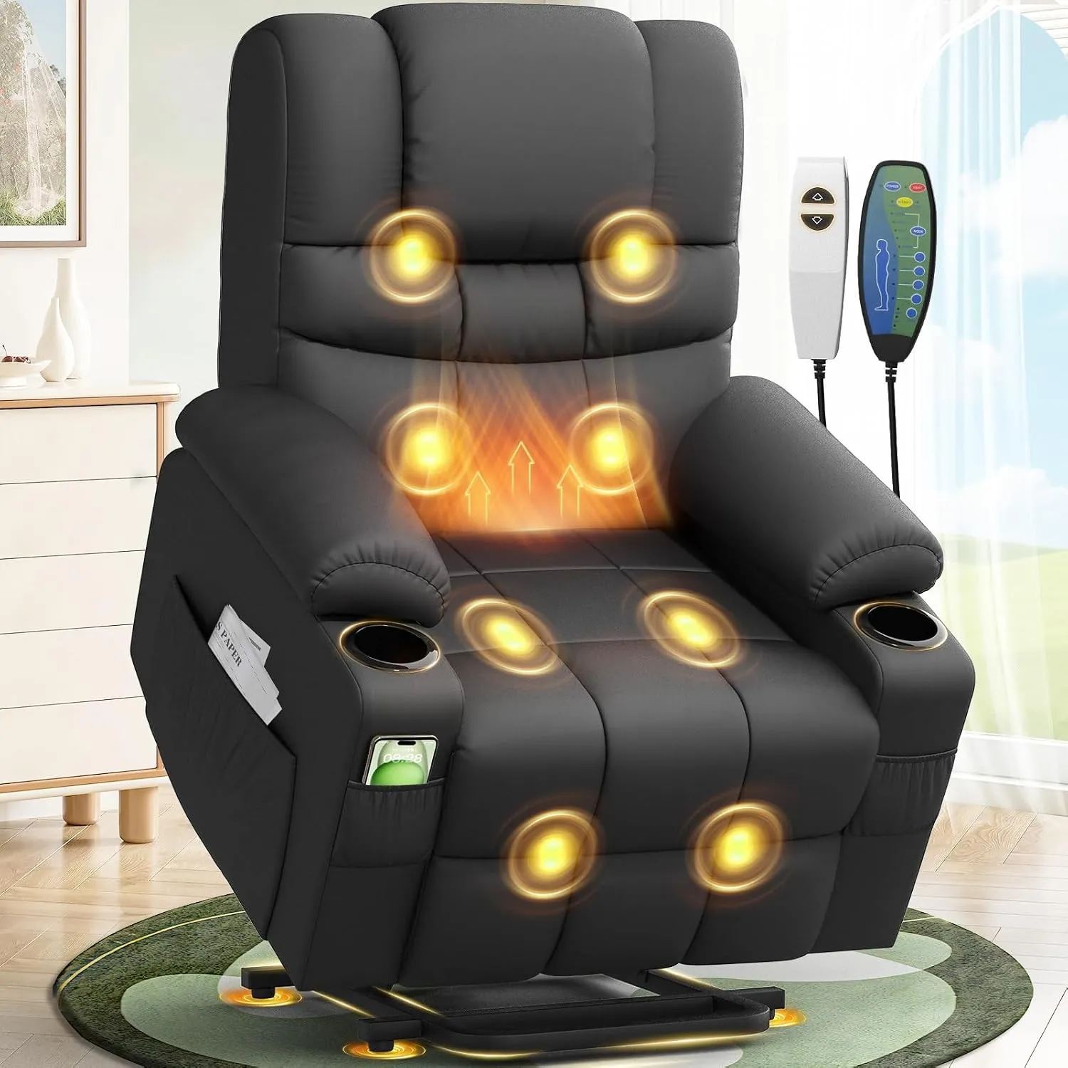Fernsehsessel Relaxsessel mit 45°Aufstehhilfe, Elektrisch TV-Sessel Wohnzimmer-Sessel mit Massagefunktion & Lendenwirbe…
