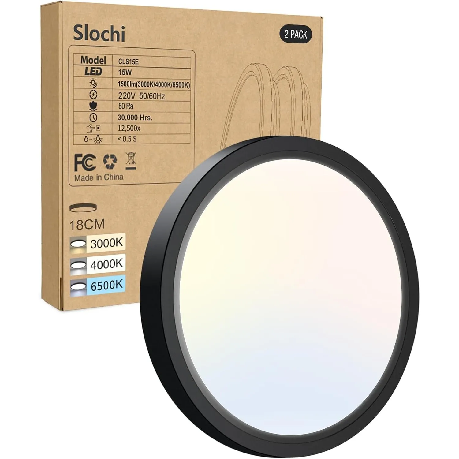 slochi 3Farben LED Deckenleuchte Flach, Ø18cm 15W 1500LM Deckenlampe