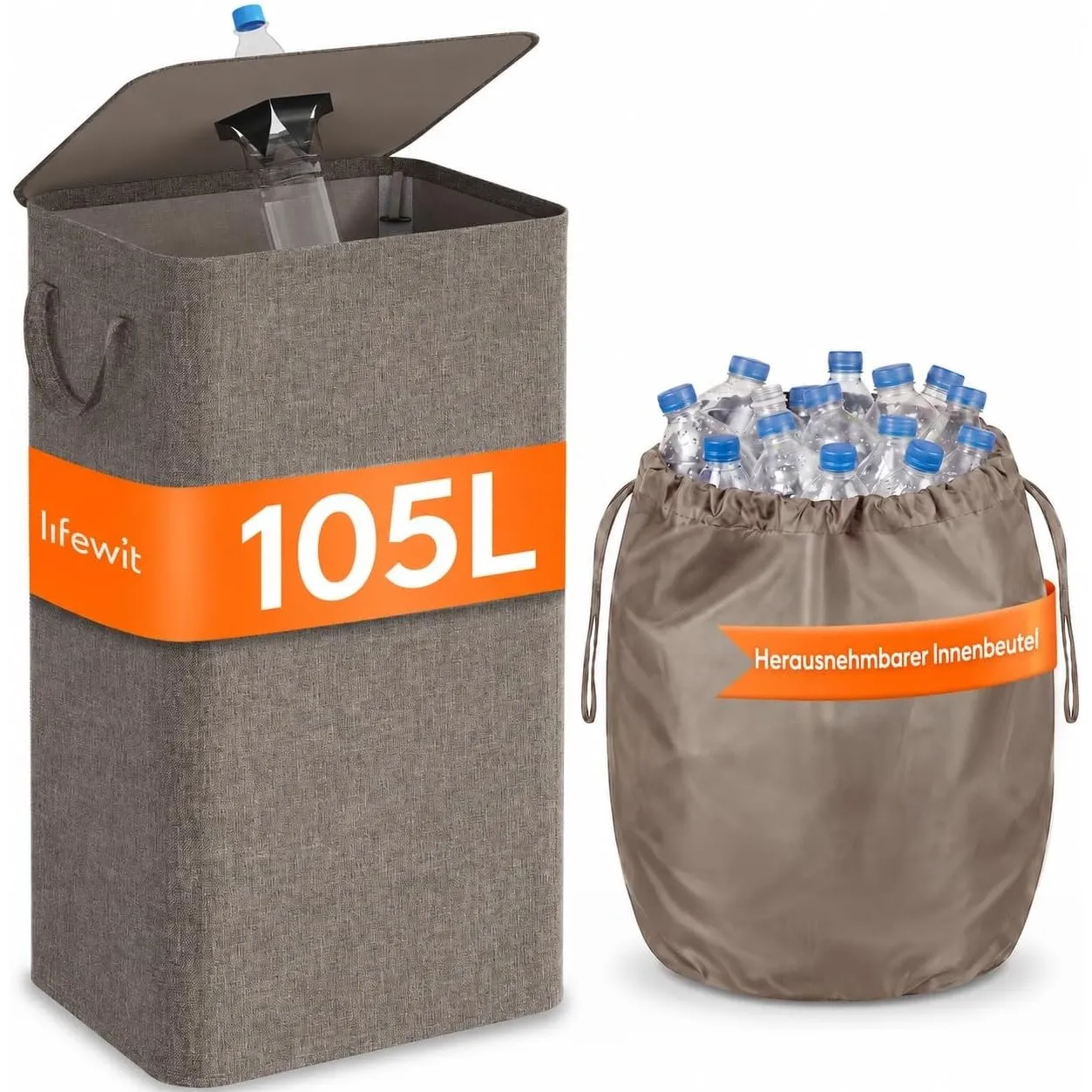 Lifewit 105L Pfandflaschen Sammelbehälter mit Deckel, Braun