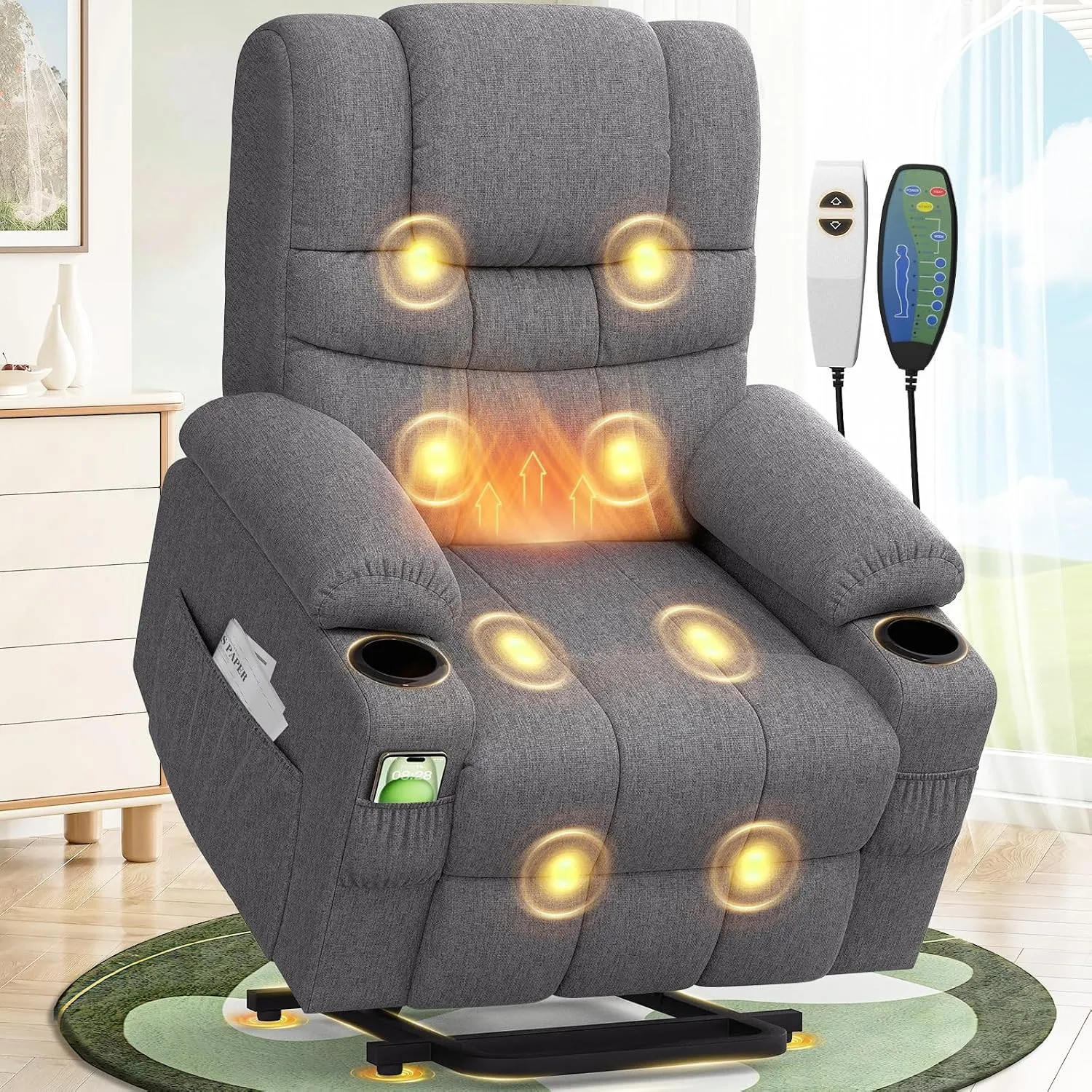 Fernsehsessel Relaxsessel mit 45°Aufstehhilfe, Elektrisch TV-Sessel Wohnzimmer-Sessel mit Massagefunktion & Lendenwirbe…
