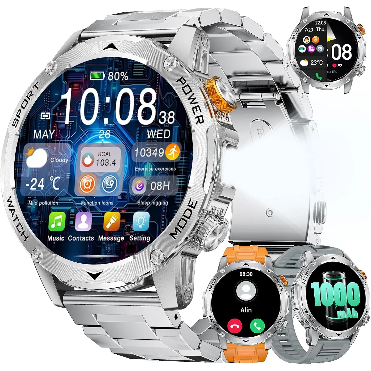 FITFLEX Smartwatch Herren, 1000mAh Akku/1.75'' HD Großes Display, Militar Smart Watch mit Bluetooth Anrufe/130+ Sportmo…