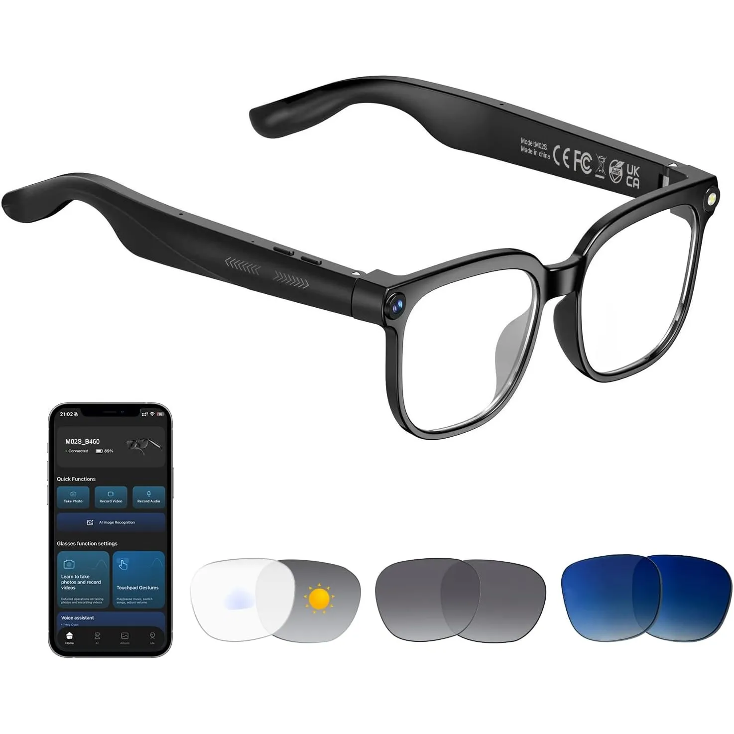 AI Smart Camera Brille - HD 1080P Video, Foto, Sprachübersetzung: Mit wechselbaren Sonnen-/Blaulichtschutzgläsern, Eins…