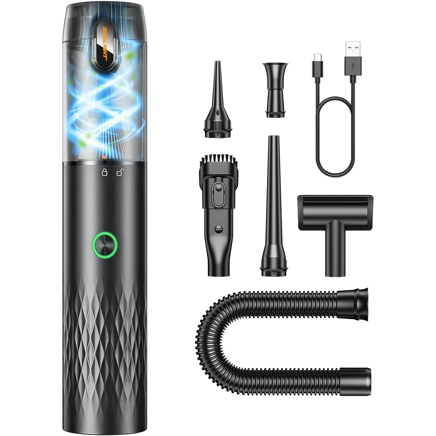 SEALIGHT Handstaubsauger Akku Kabellos,29000PA 4-in-1 Mini Autostaubsauger mit 40 Minuten Akkulaufzeit, One-Touch Staub…