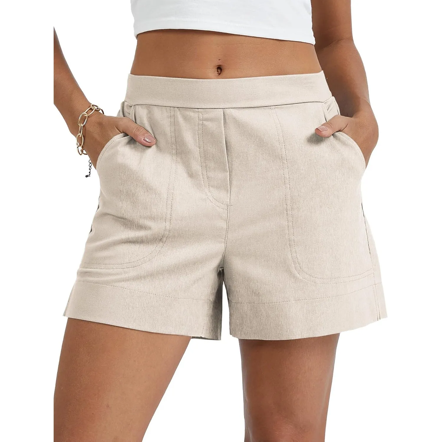 Rapbin Shorts Damen Sommer Kurze Hose Leinen mit Taschen Elastischem Bund | Atmungsaktives Leinen für Sommerkomfort,Tie…
