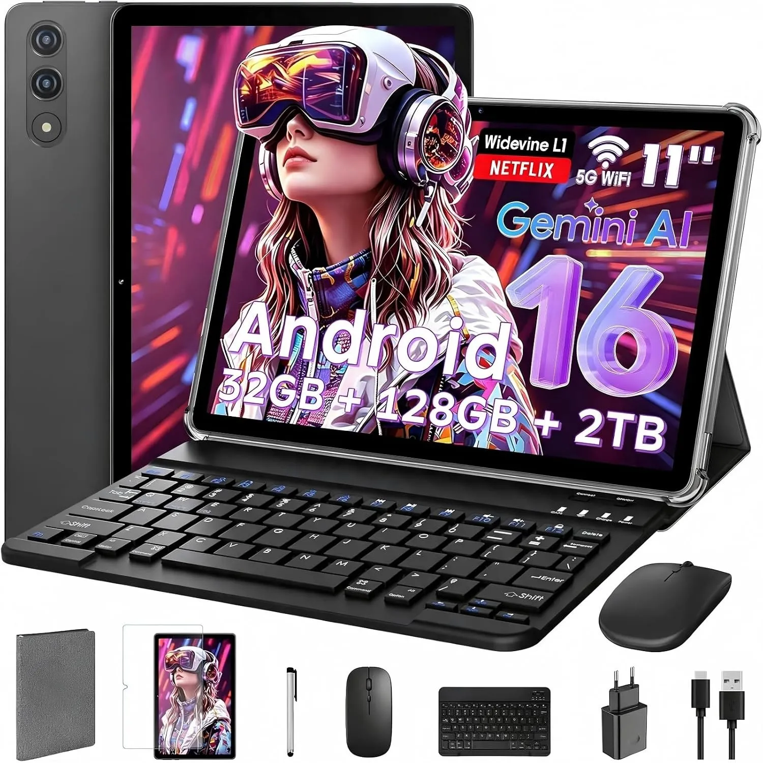11 Zoll Tablet mit Tastatur｜Android 16 mit Gemini AI｜32GB RAM + 128GB ROM (1TB TF) 1920*1200 FHD 90Hz Display｜ Unisoc T…