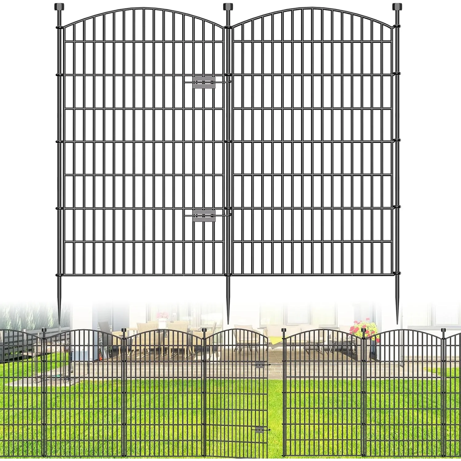 10 Paneele Kein-Graben-Dekorativer Gartenzaun mit Tor - 122 cm (H) x 8 m (L), Hundezaun für Draußen für den Hof, Rostfr…