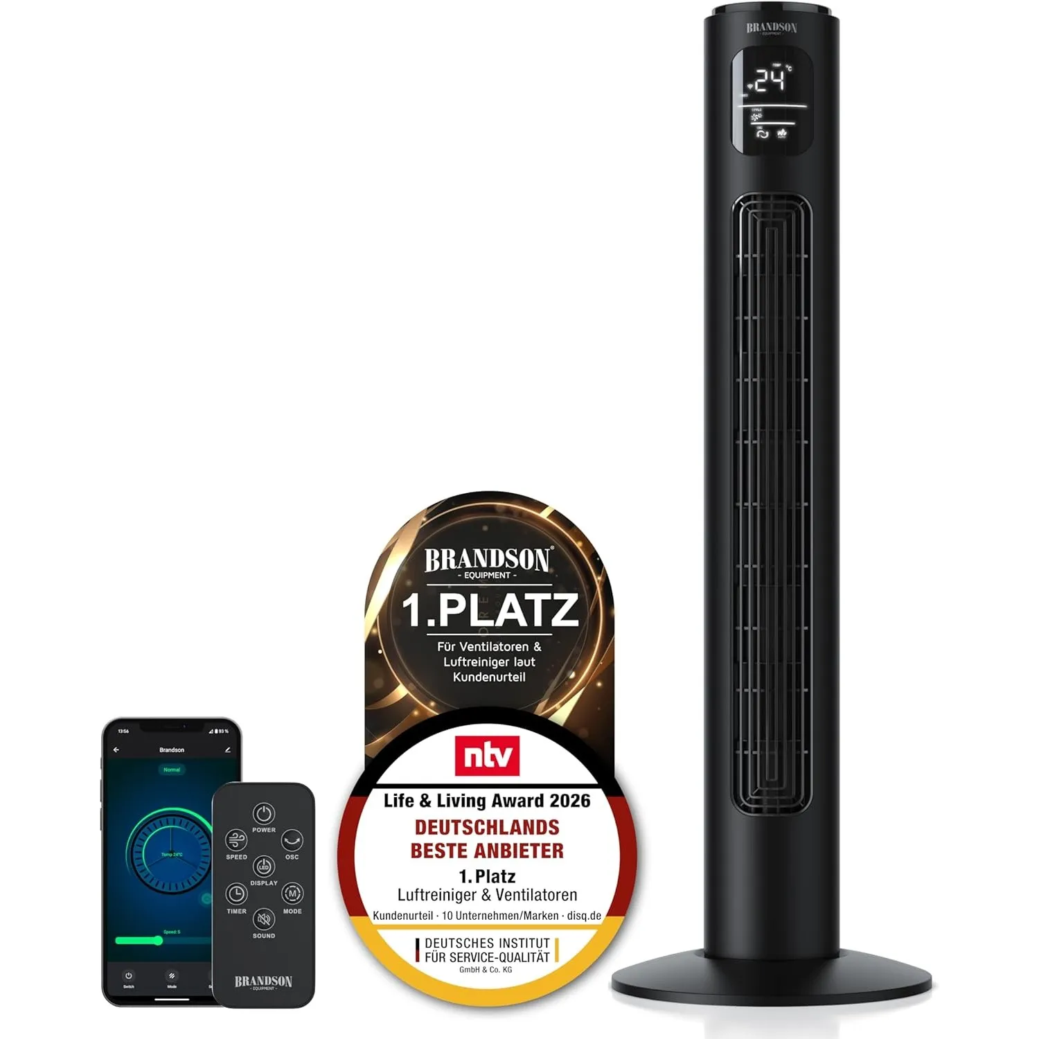 Brandson - Turmventilator ECO mit DC Motor - sehr leise – Wlan Smart Home mit App/WiFi Alexa Sprachsteuerung - Großes L…