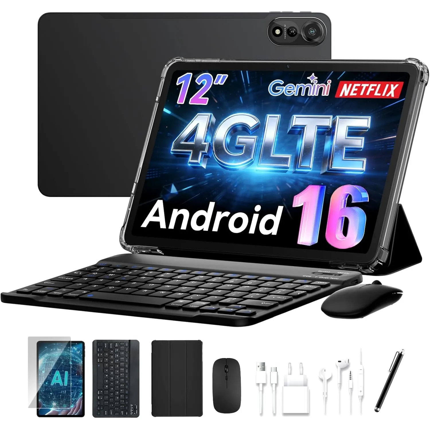 N90 Tablet Android 16,12 Zoll Tablet mit Tastatur,4G LTE mit SIM Card Slot | Octa-Core Gaming Tablets,24GB RAM+128GB RO…