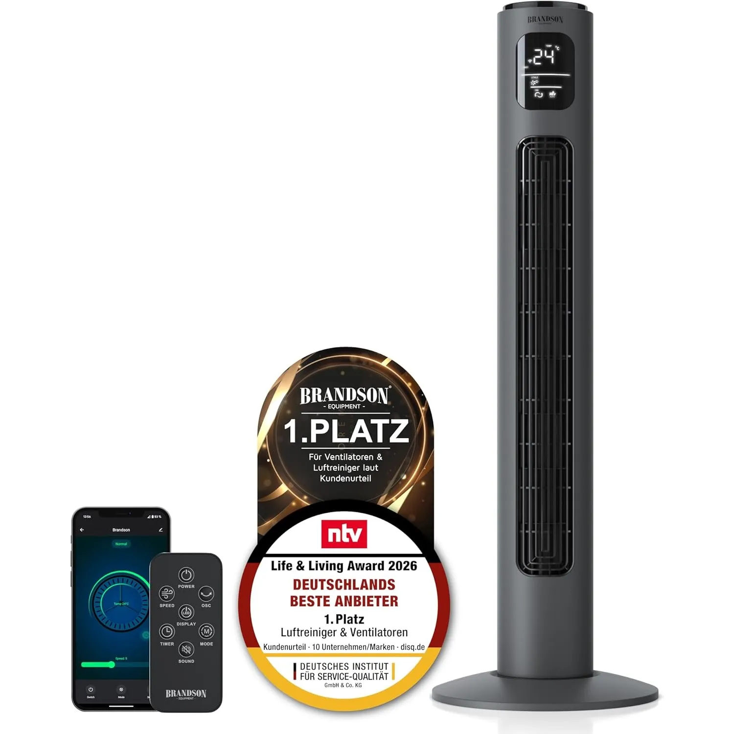 Brandson - Turmventilator ECO mit DC Motor - sehr leise – Wlan Smart Home mit App/WiFi Alexa Sprachsteuerung - mit Fern…