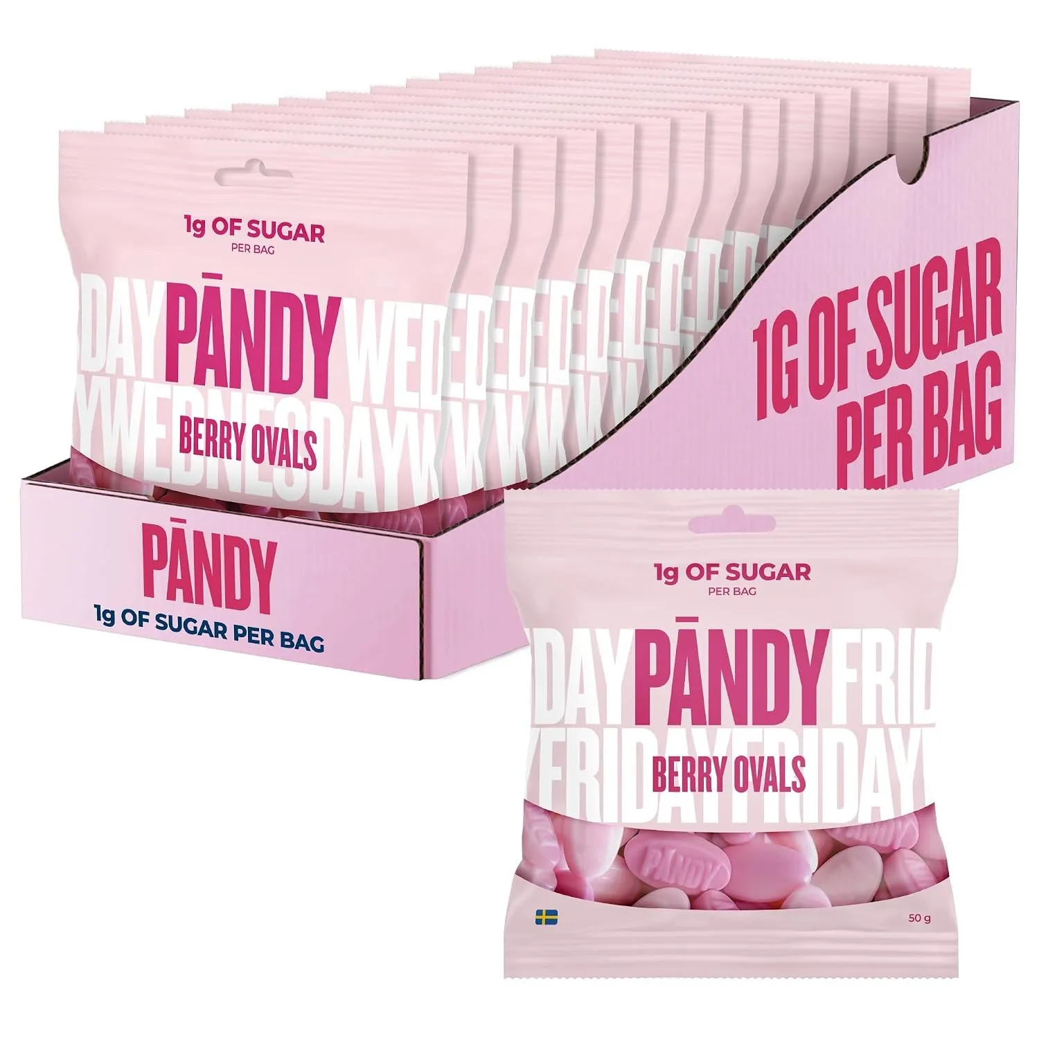 Pändy Süßigkeiten Berry Ovals Gummibärchen, unter 1g Zucker, 14x 50g