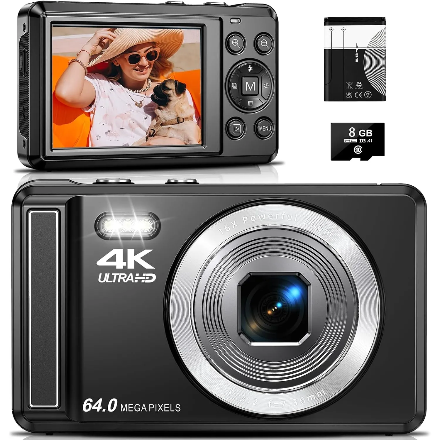 Digitalkamera 4K 64MP, 2.8 Zoll UHD Autofokus Kamera fotokamera, Micro-SD-Karte & Akku,16X Digitalzoom Wiederaufladbare…