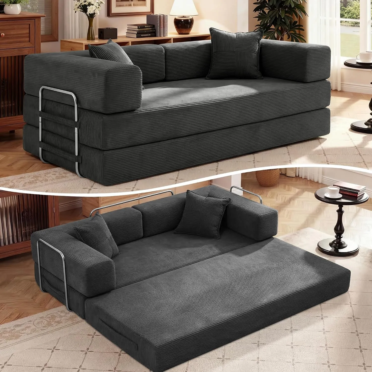 Vipbear Schlafsofa 200cm Breit,5-in-1 Faltbares Boneless Couch Grau | Bodensofa Bed Cordstoff 3er mit Schlaffunktion,Kl…