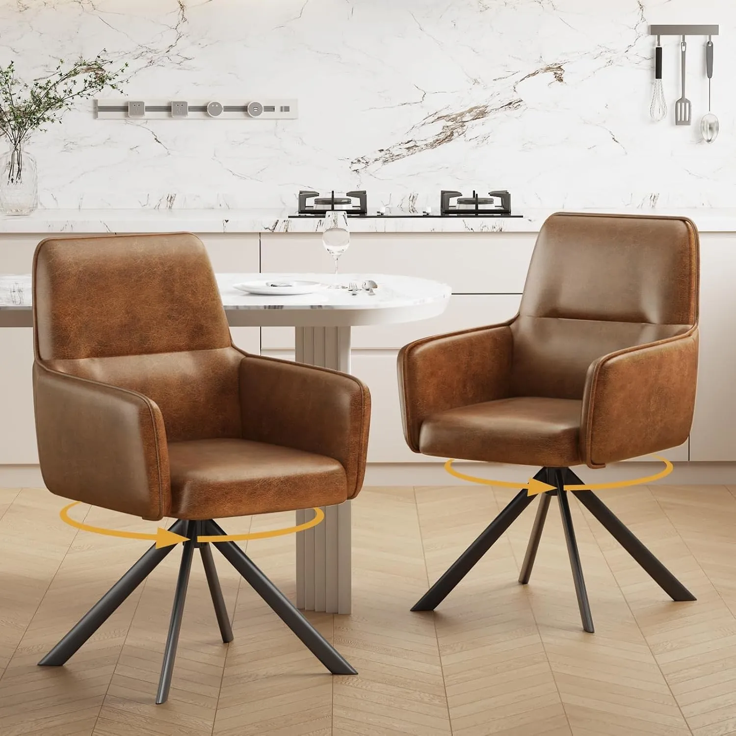 Esszimmerstühle Drehbar mit Armlehne 2er Set, 360°Drehbar Polsterstuhl Küchenstuhl aus PU-Leder, Stühle Esszimmer Schmi…