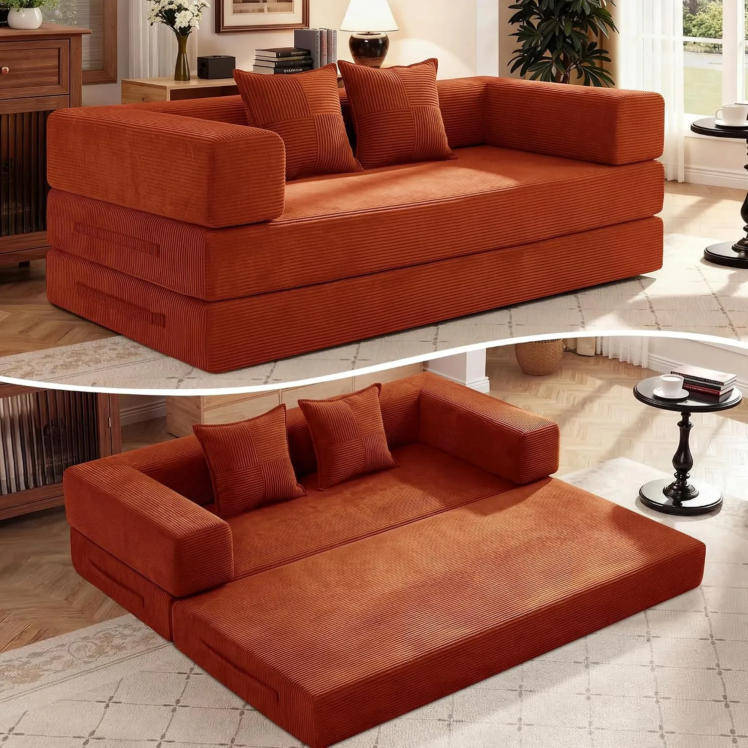 Vipbear Schlafsofa 200cm Breit,5-in-1 Faltbares Boneless Couch Orange