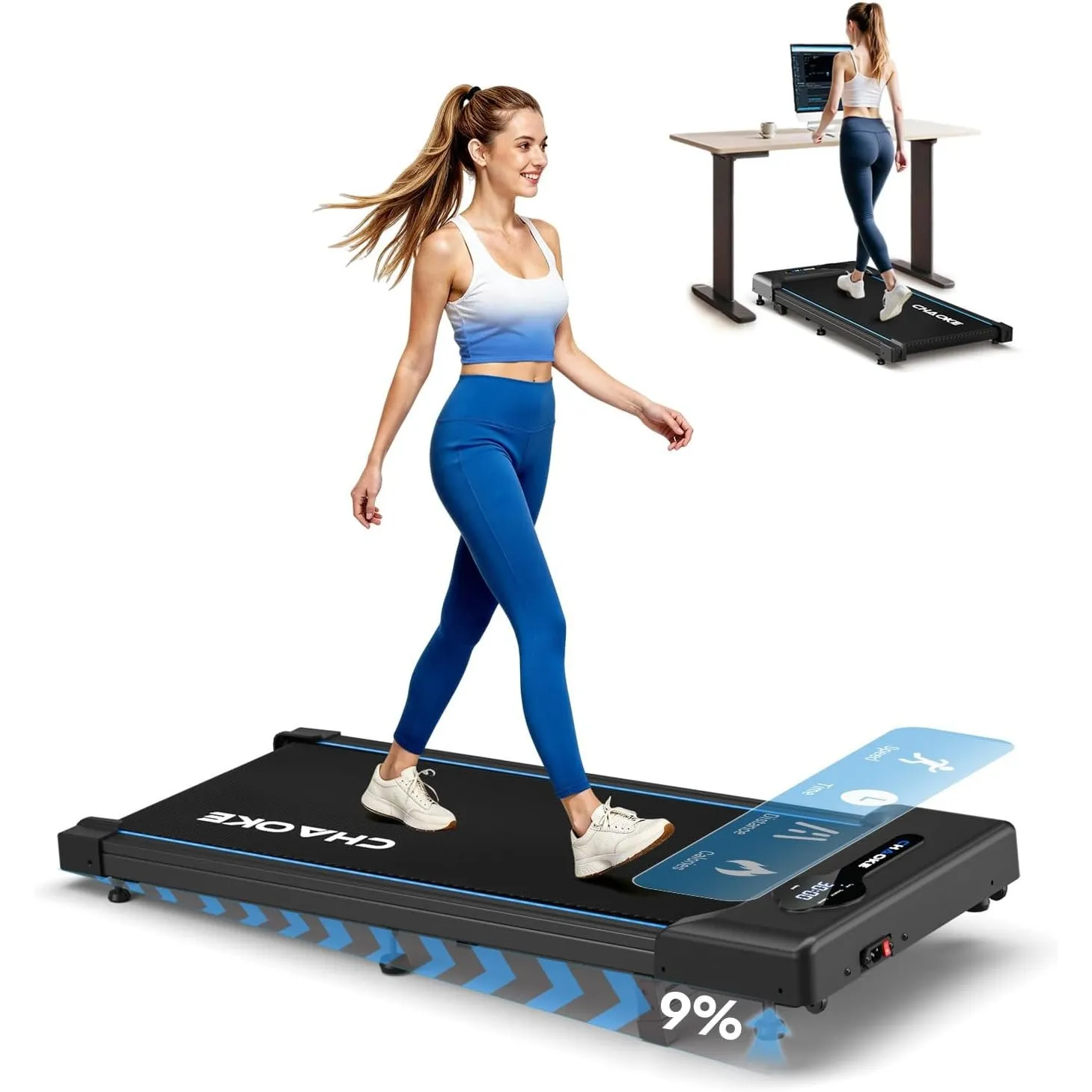 CHAOKE Walking Pad Laufband mit 9% Steigung, 10 km/h Schreibtischlaufband für Zuhause und Büro, 2,75 PS leiser Motor, B…
