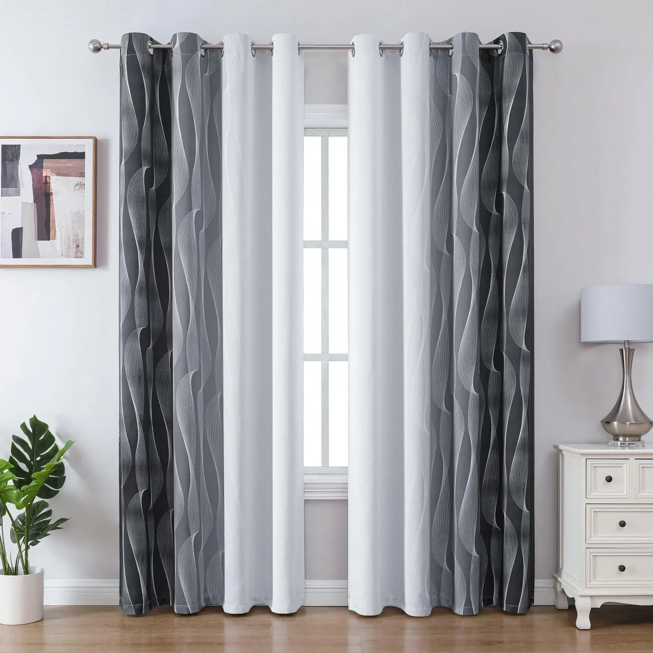 Ombre Gardinen Dunkelgrau Hellgrau Weiß mit Wellenmuster, H260 x B140 cm, 2er Set mit Ösen, 80-90% lichtdämpfend, Wohnz…