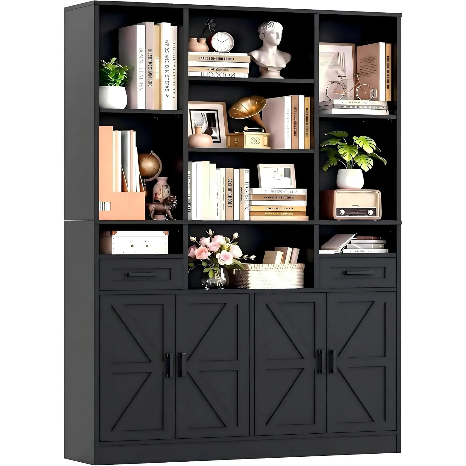IRONCK Bücherregal Bücherschrank, Regal Holz mit Türen & Schubladen, 10 verschiedengroße Fächern, Einstellbar Hochschra…
