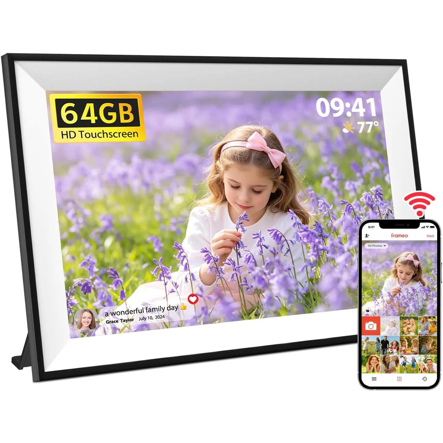 64GB Frameo Digitaler Bilderrahmen WLAN, Fotorahmen Elektronisch 10,1 Zoll Weiß Digitales Fotoalbum HD IPS Touchscreen,…