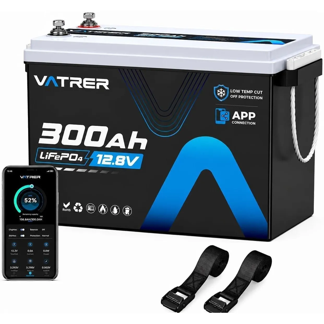 VATRER POWER 12V 300Ah LiFePO4 Batterie mit Bluetooth APP
