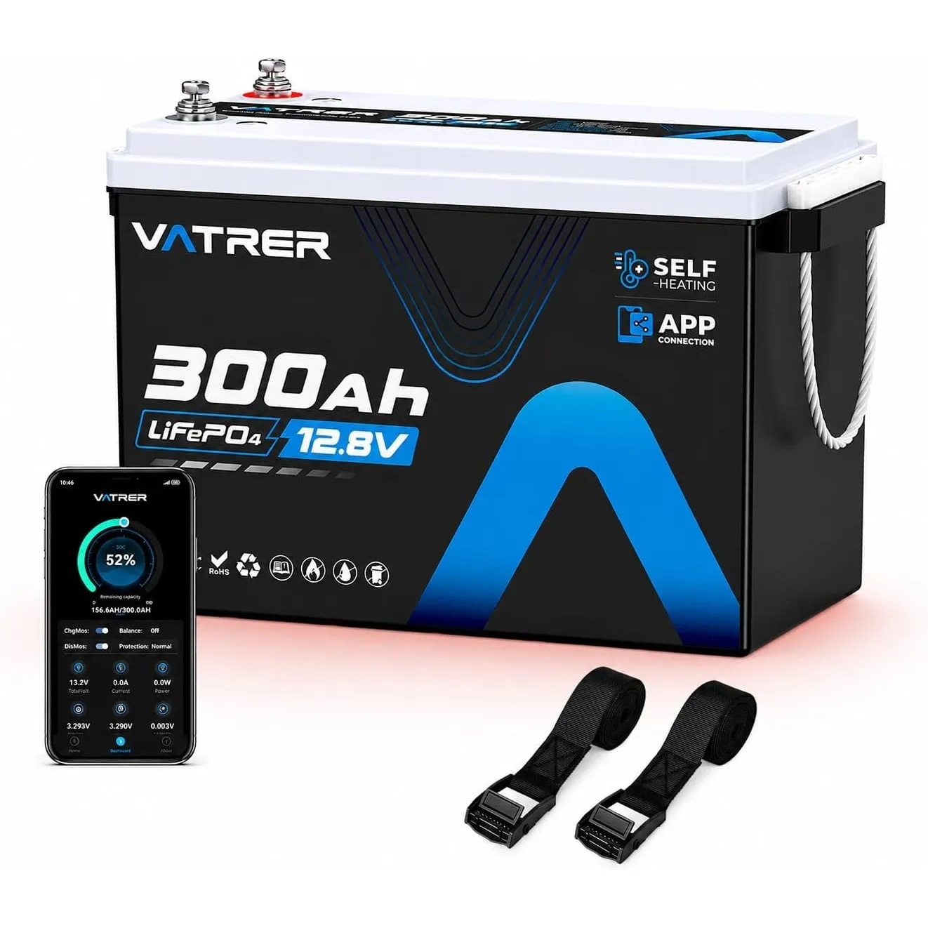 VATRER POWER 12V 300Ah LiFePO4 Batterie mit Selbstheizung,ECE R10