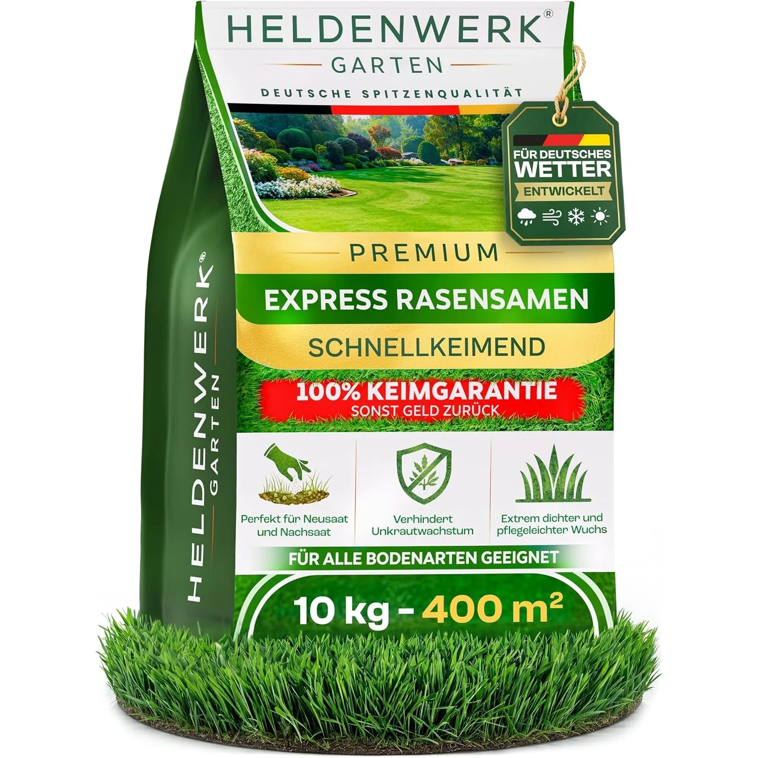 HELDENWERK® Rasensamen schnellkeimend Sommer 10kg / 400m² DEUTSCHES WETTER