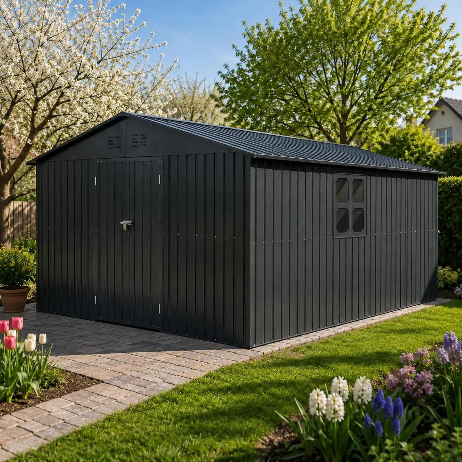 Albatros Gerätehaus 4XL RAL7016 | 387x326x204cm, 25,7m³, abschließbar | Gartenhaus mit Fenster, Holzunterstand, inkl. S…