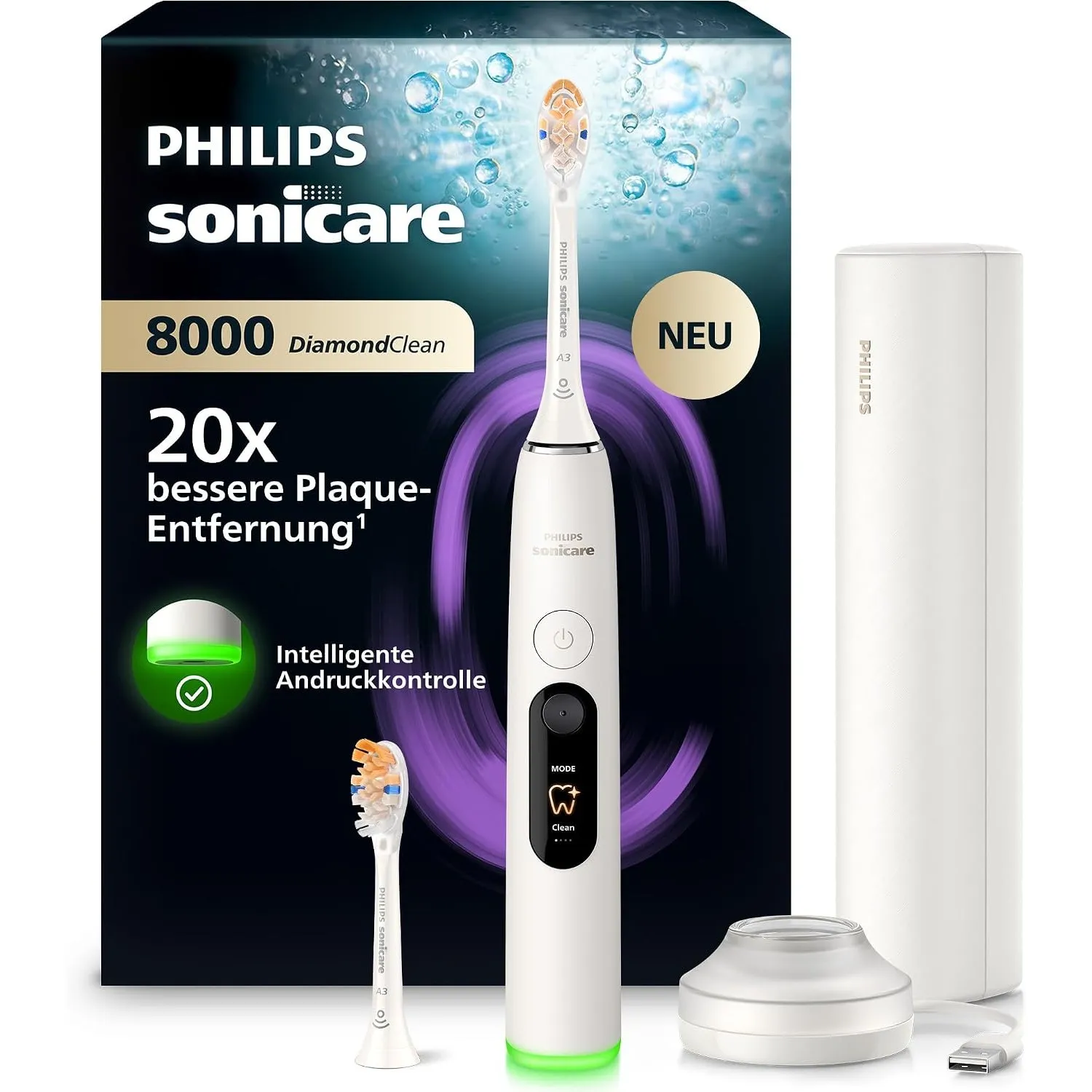 Philips Sonicare Next-Generation DiamondClean 8000 Elektrische Zahnbürste – mit Andruckkontrolle und Feedback, 15 Einst…