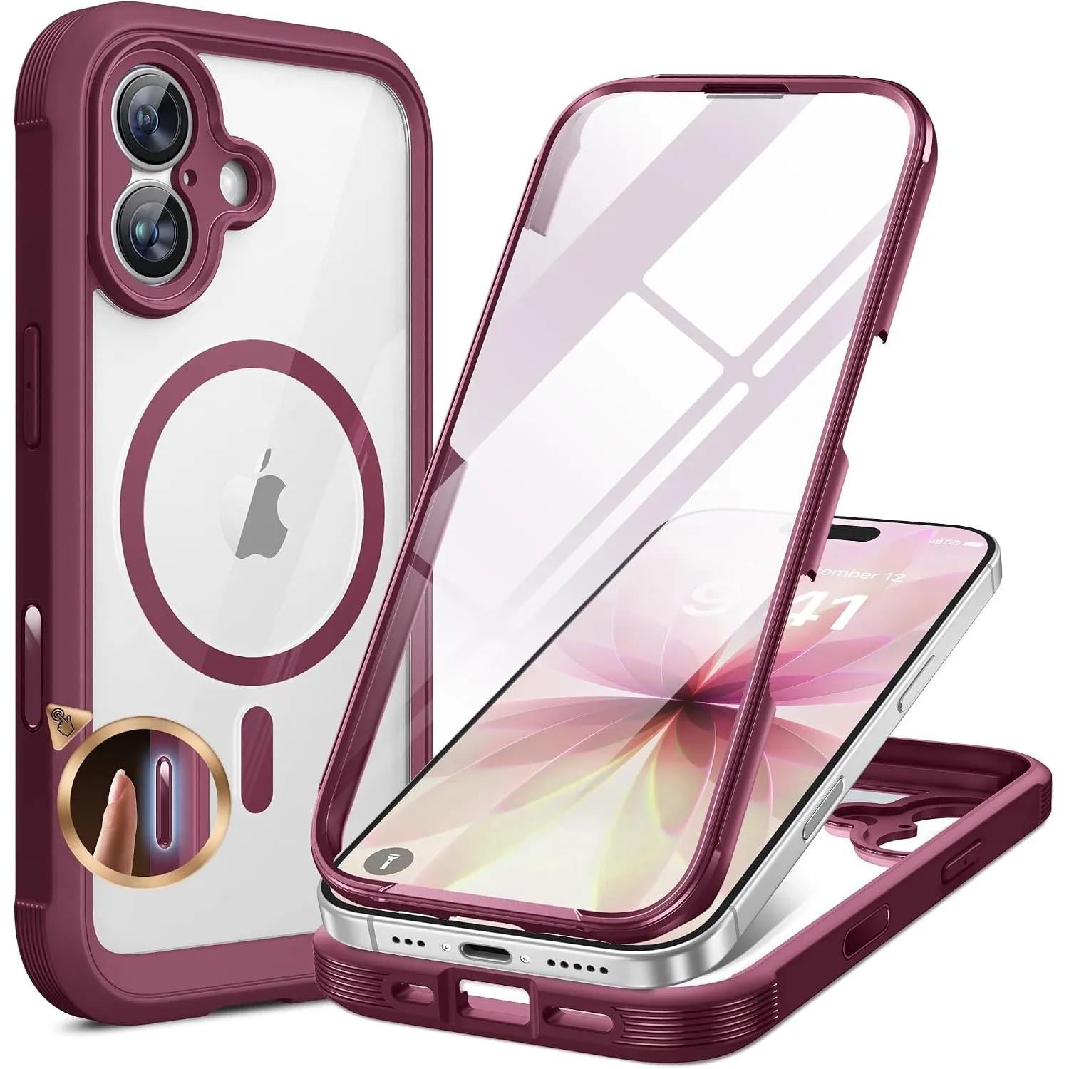 Miracase für iPhone 17 Hülle 6,3 Zoll,360 Grad Komplettschutz,Burgunderrot