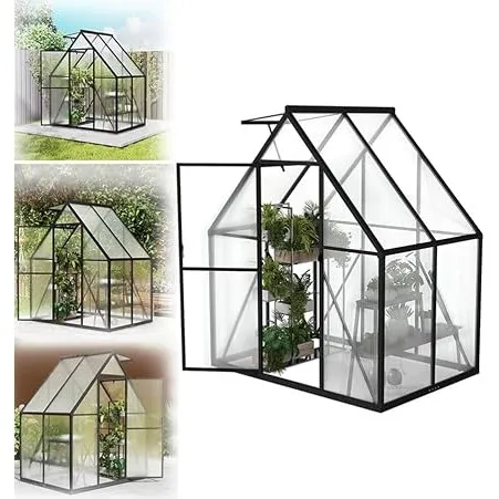 Gewächshaus mit Fundament 125x180x195 cm Tomatenhaus Treibhaus Gartengewächshaus Aluminium mit Schiebetür und Dachfenst…