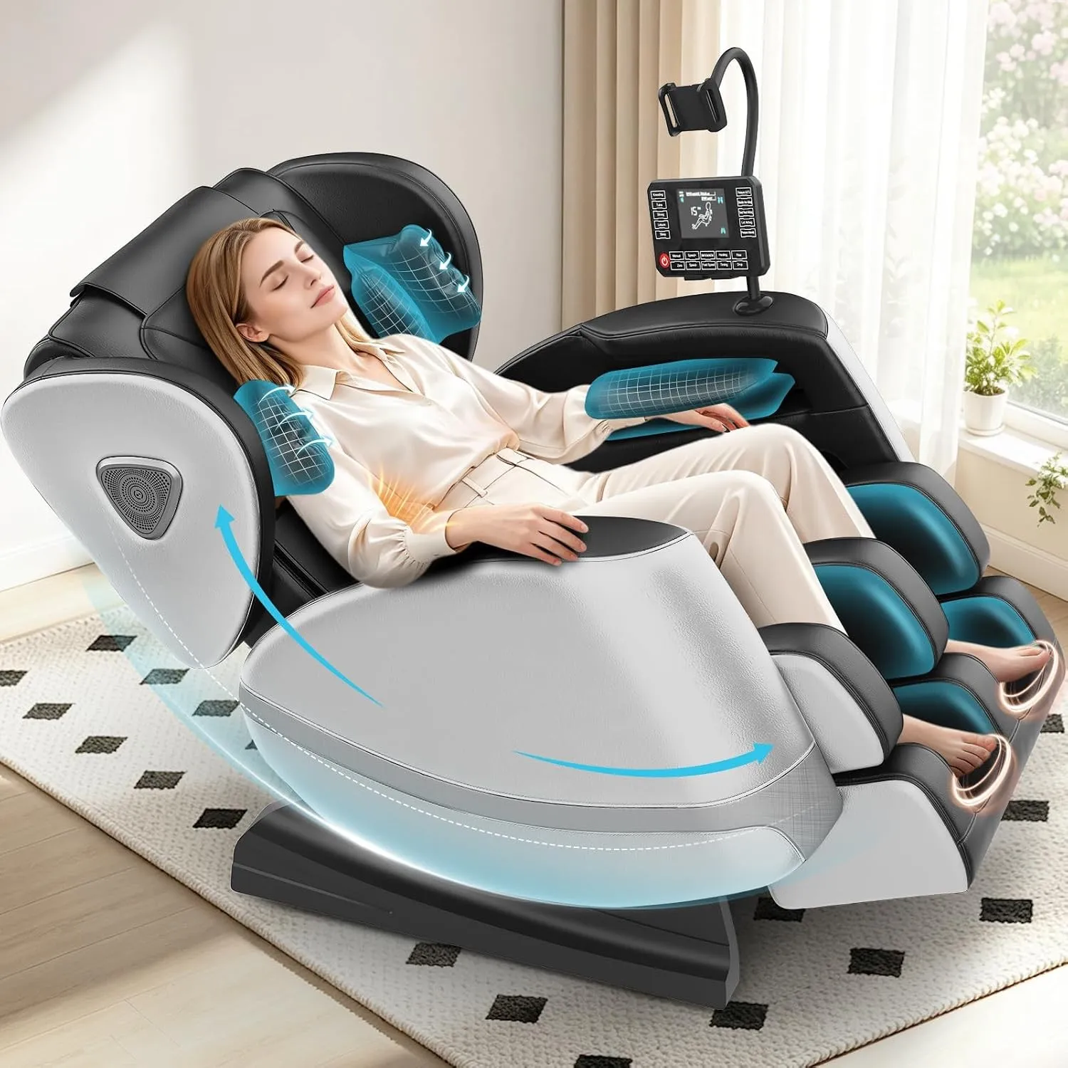 Ganzkörper Massagesessel mit Rollen & Airbags für Massage, Zero Gravity mit Bluetooth Lautsprecher und Touchscreen, Hei…