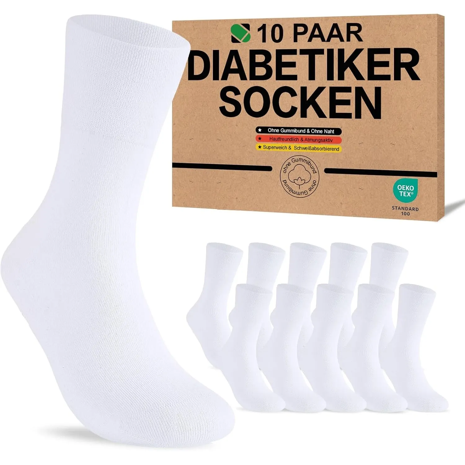 SukModen Diabetikersocken für Herren und Damen, 10 Paar, ohne Gummibund