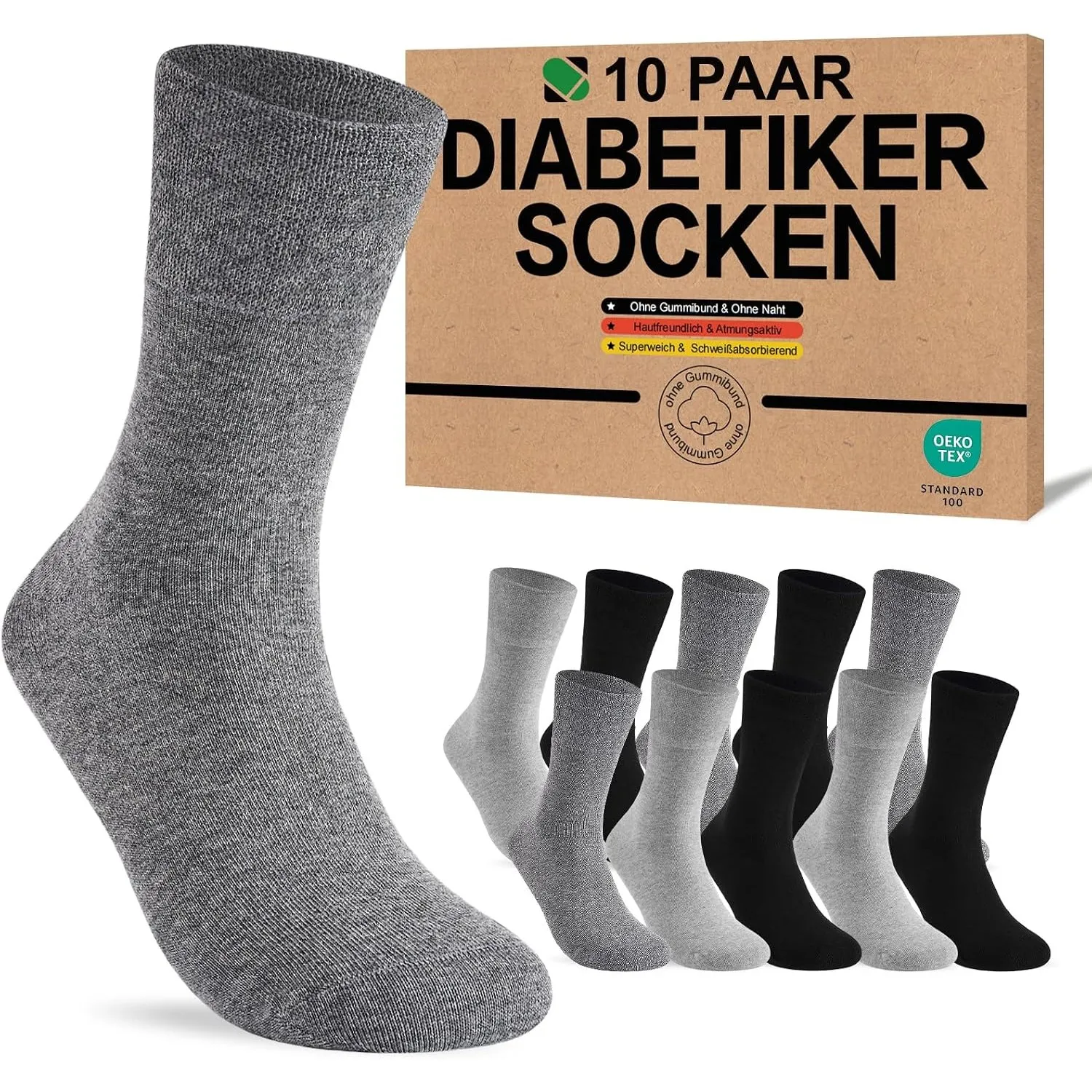 SukModen Diabetikersocken für Herren und Damen, 10 Paar, ohne Gummibund