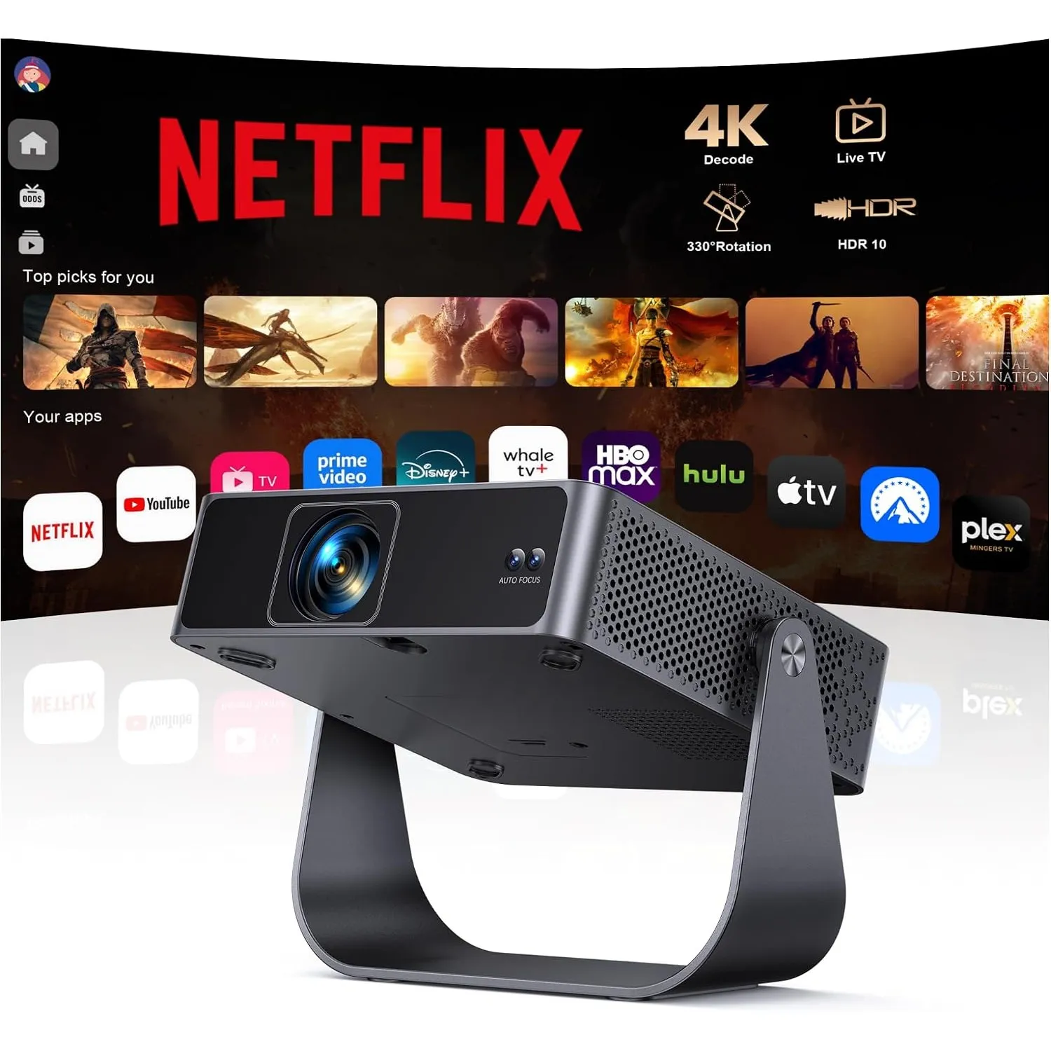 Smart Beamer【Kompatibel mit Netflix/Live TV/330° Drehbar】 Mini Beamer 4K mit Autofokus/6D Trapezkorrektur, Mini Project…