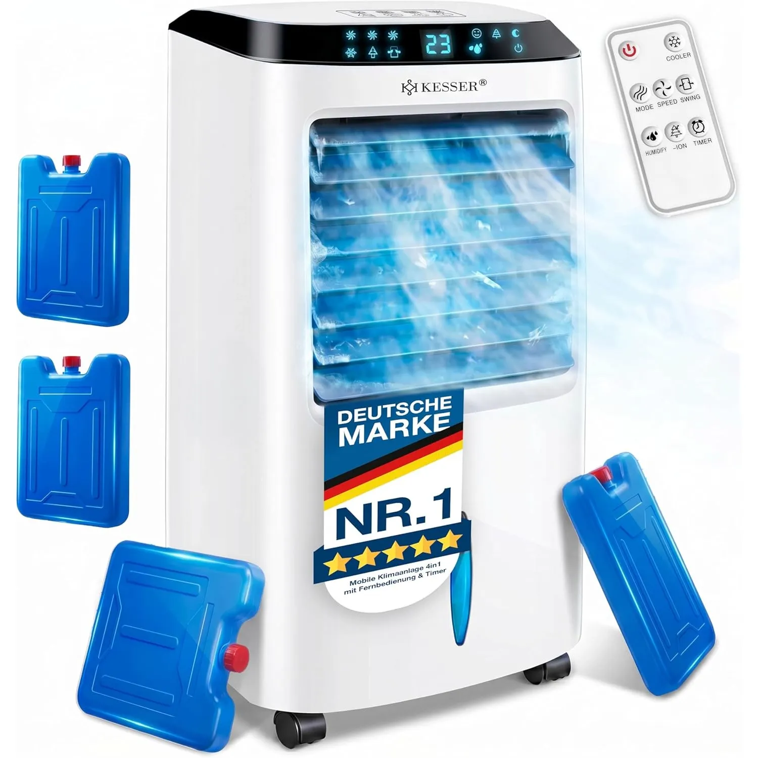 KESSER® Mobile Klimaanlage 4in1 Luftkühler – Air Cooler mit Fernbedienung & Timer, 10L Wassertank, Ionisator & Luftbefe…