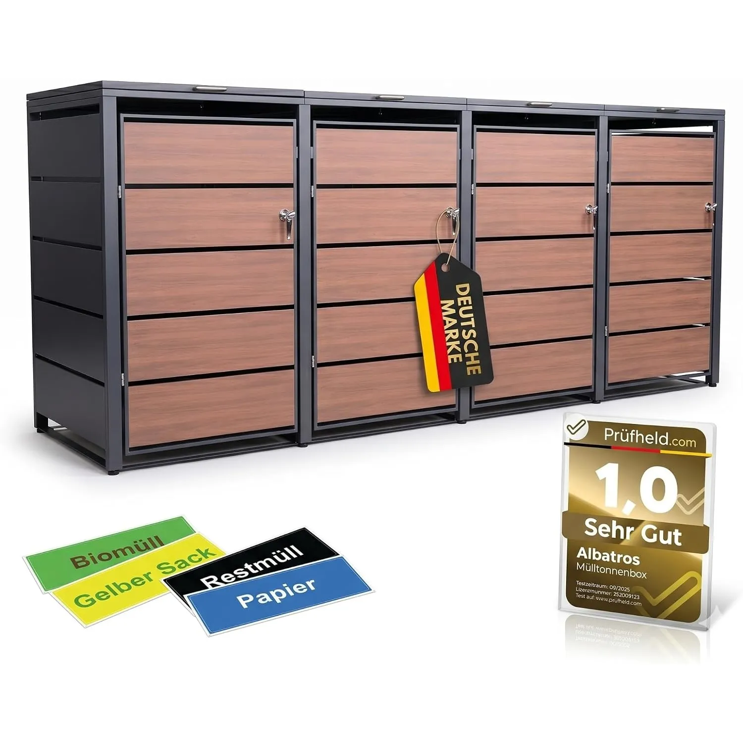 ALBATROS Mülltonnenbox 4er Holzdekor | Metall, 120-240L, abschließbar