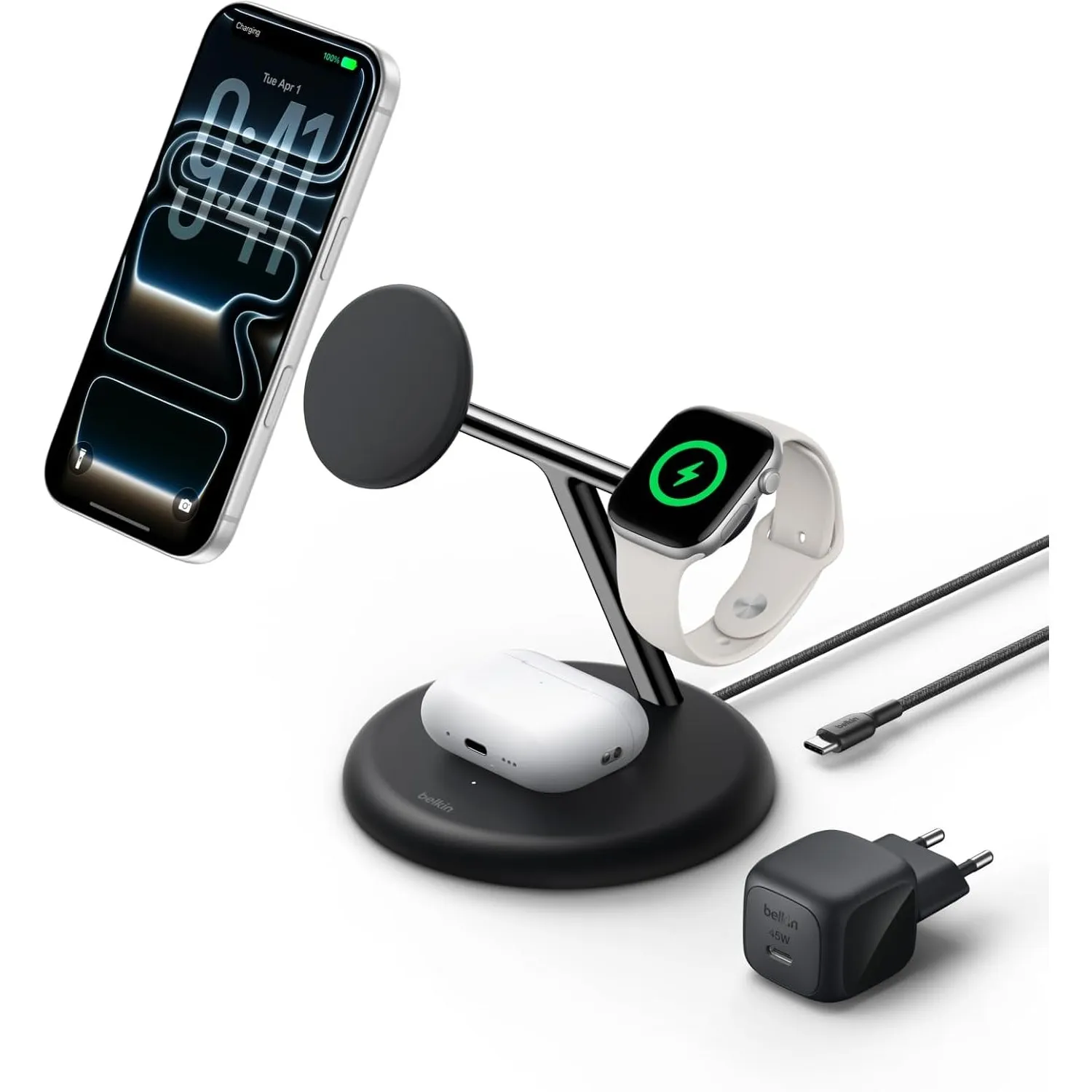 Belkin UltraCharge 3-in-1 Induktive Ladestation mit Qi2, 25W – Schwarz