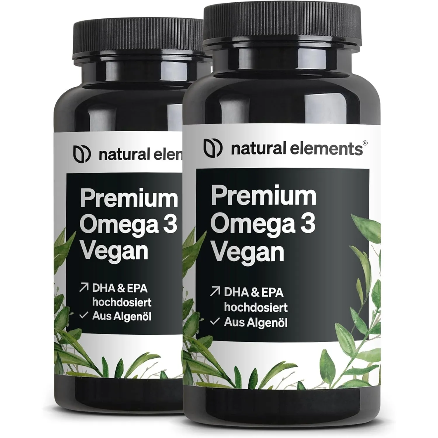 natural elements Premium Omega 3 Vegan (2er Set)– 2x 60 Kapseln – 2000mg Algenöl, 800mg DHA und 400mg EPA pro Tagesdosi…